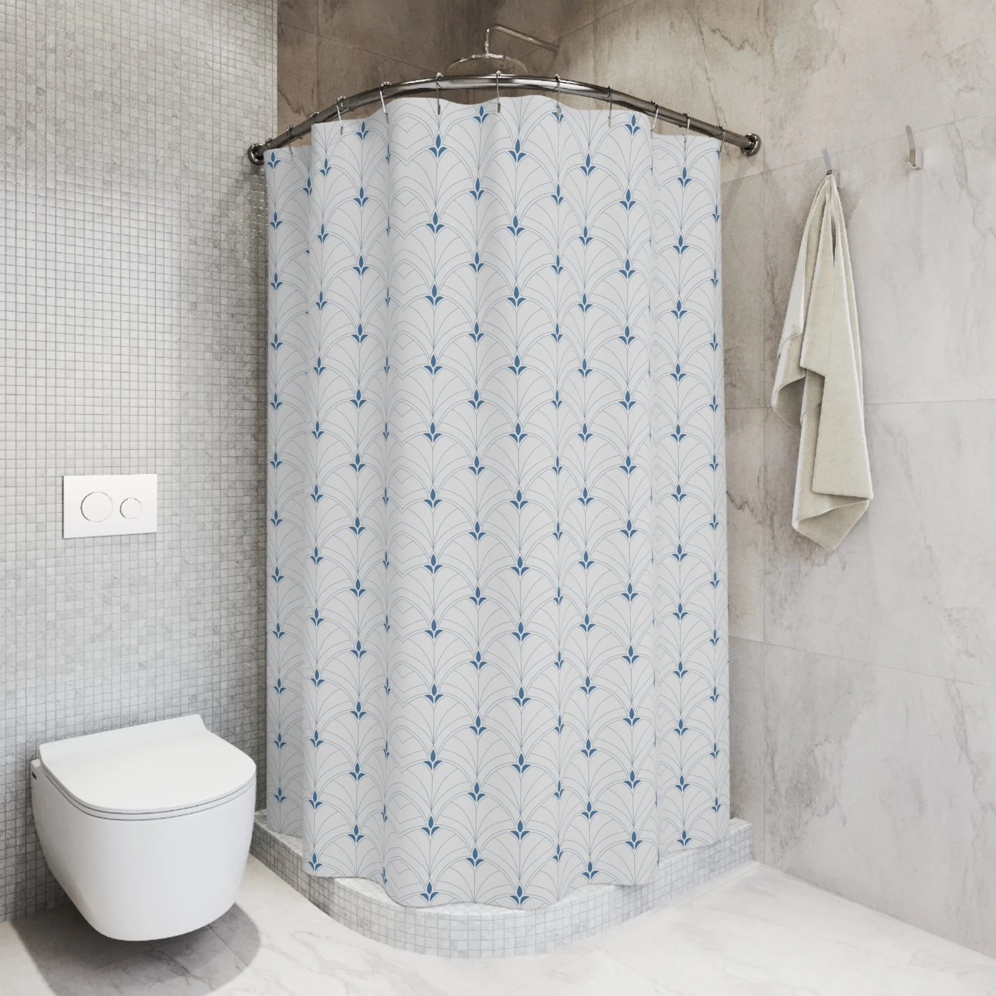 Boho Shower Curtain | Retro White Blue Art Deco, Nouveau