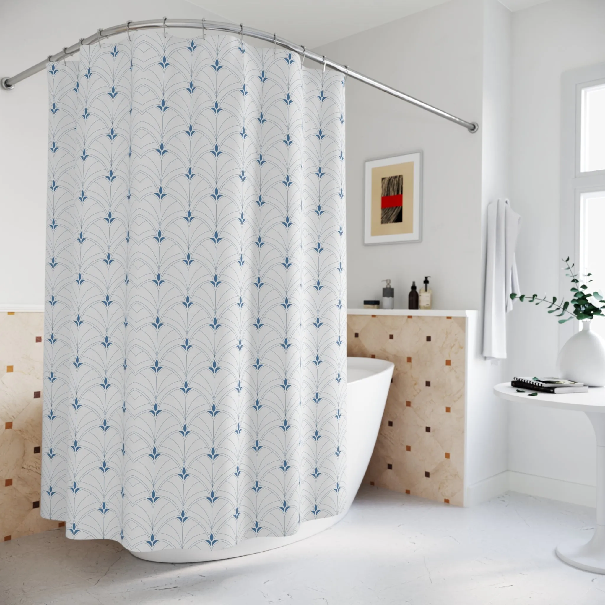 Boho Shower Curtain | Retro White Blue Art Deco, Nouveau
