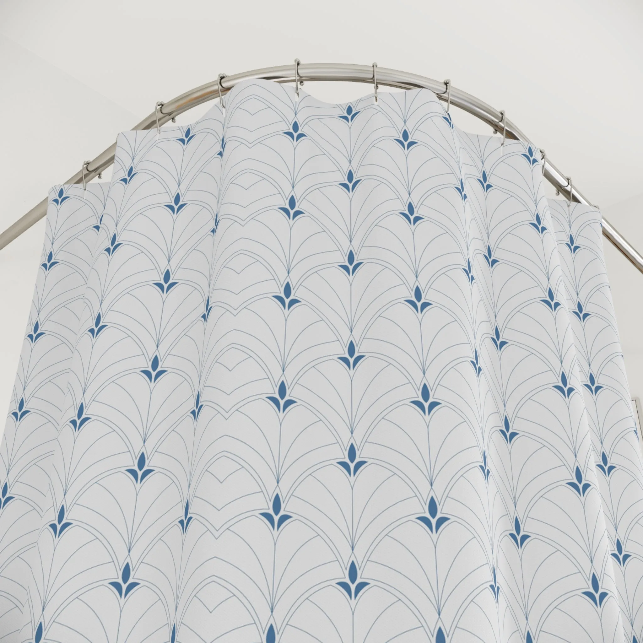 Boho Shower Curtain | Retro White Blue Art Deco, Nouveau
