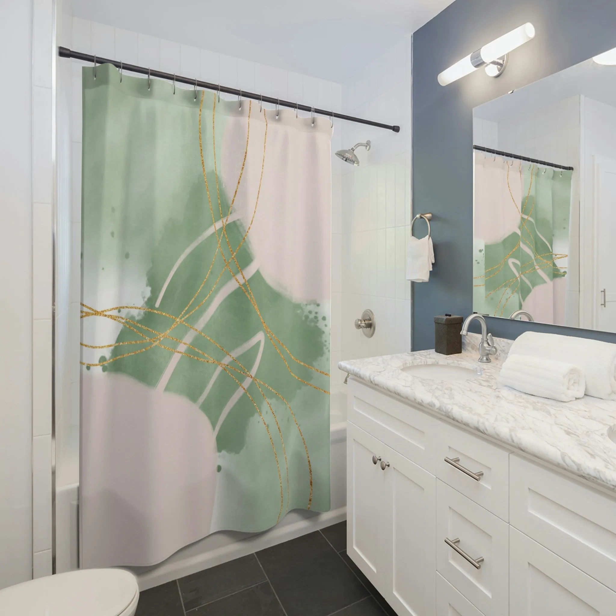boho shower curtain | Sage Green, Blush Pink
