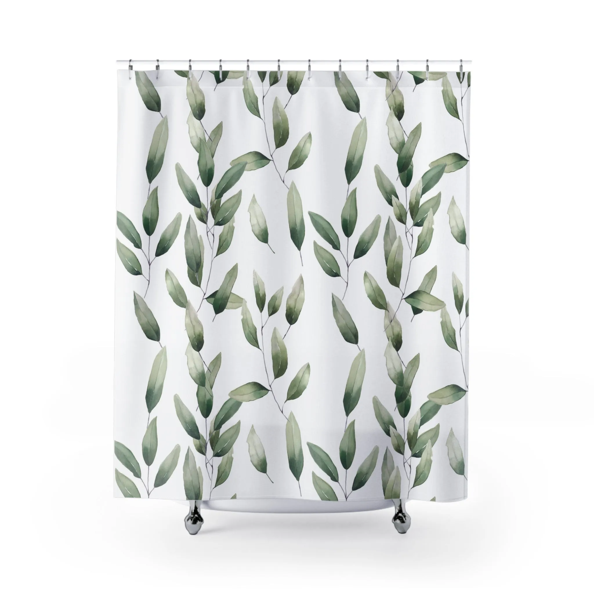 Boho Shower Curtain | Sage Green Leaves, White Lighting,Home Lighting