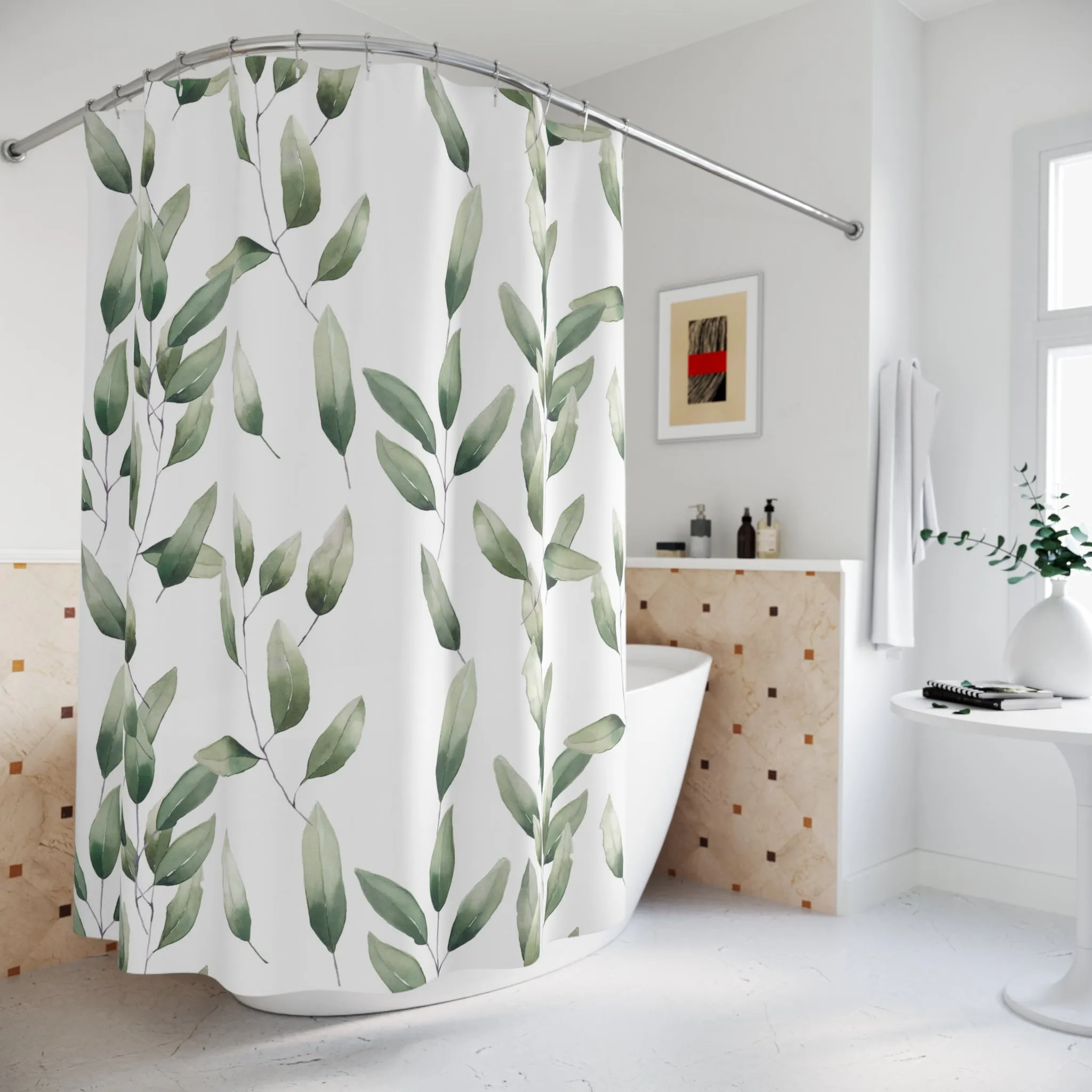 Boho Shower Curtain | Sage Green Leaves, White