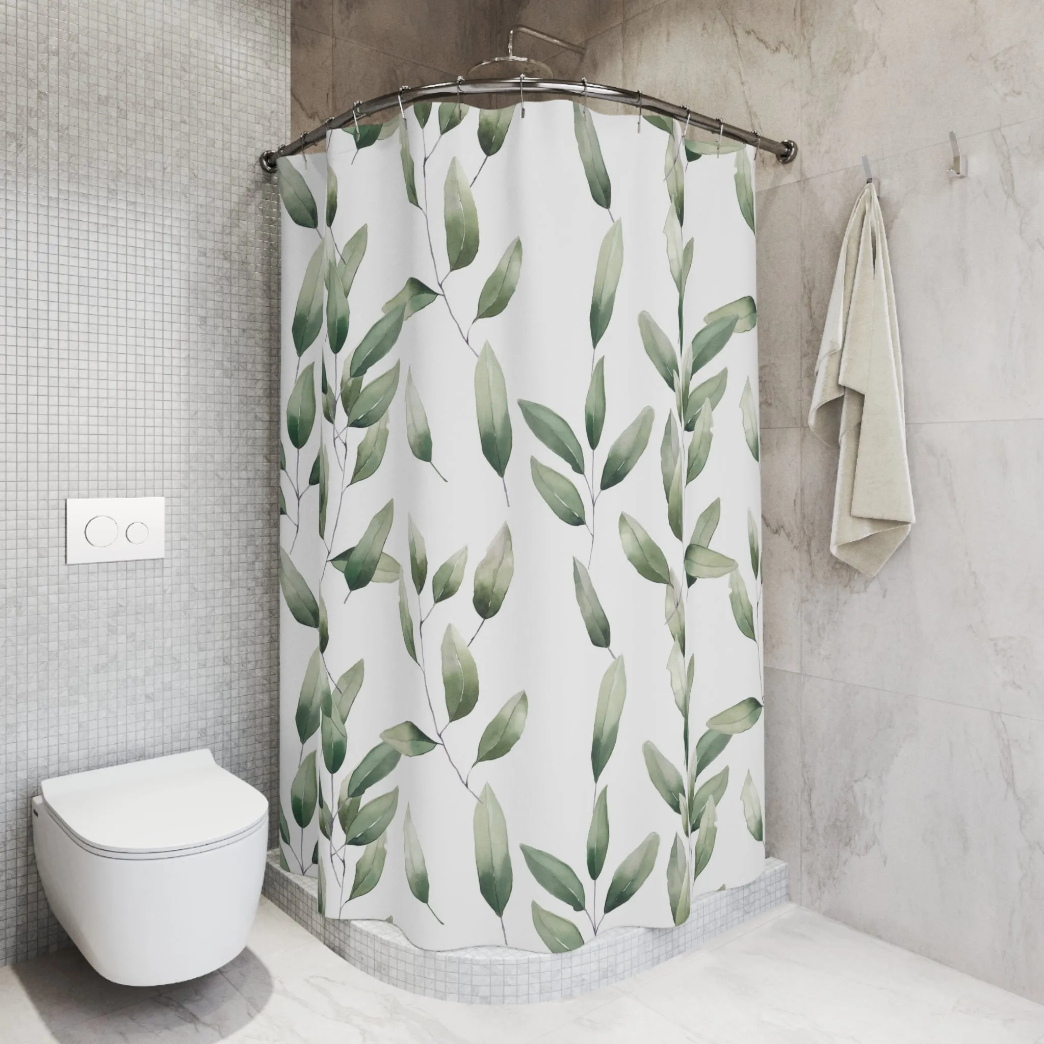 Boho Shower Curtain | Sage Green Leaves, White