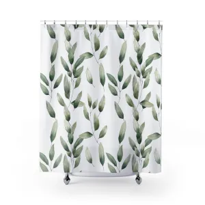Boho Shower Curtain | Sage Green Leaves, White Lighting,Home Lighting