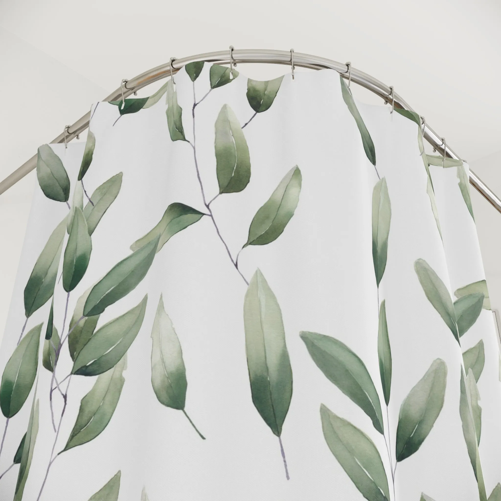 Boho Shower Curtain | Sage Green Leaves, White