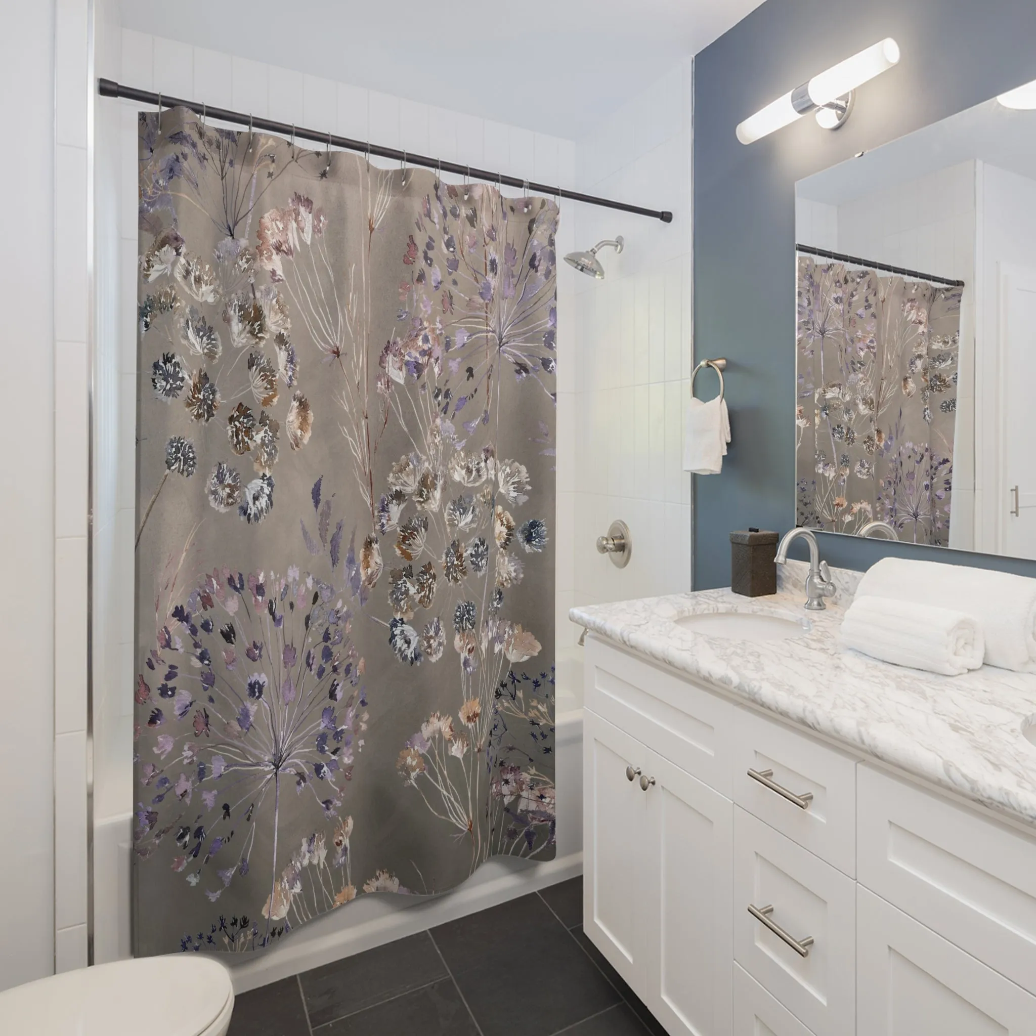 Boho Shower Curtain | Taupe, Purple Wild Floral
