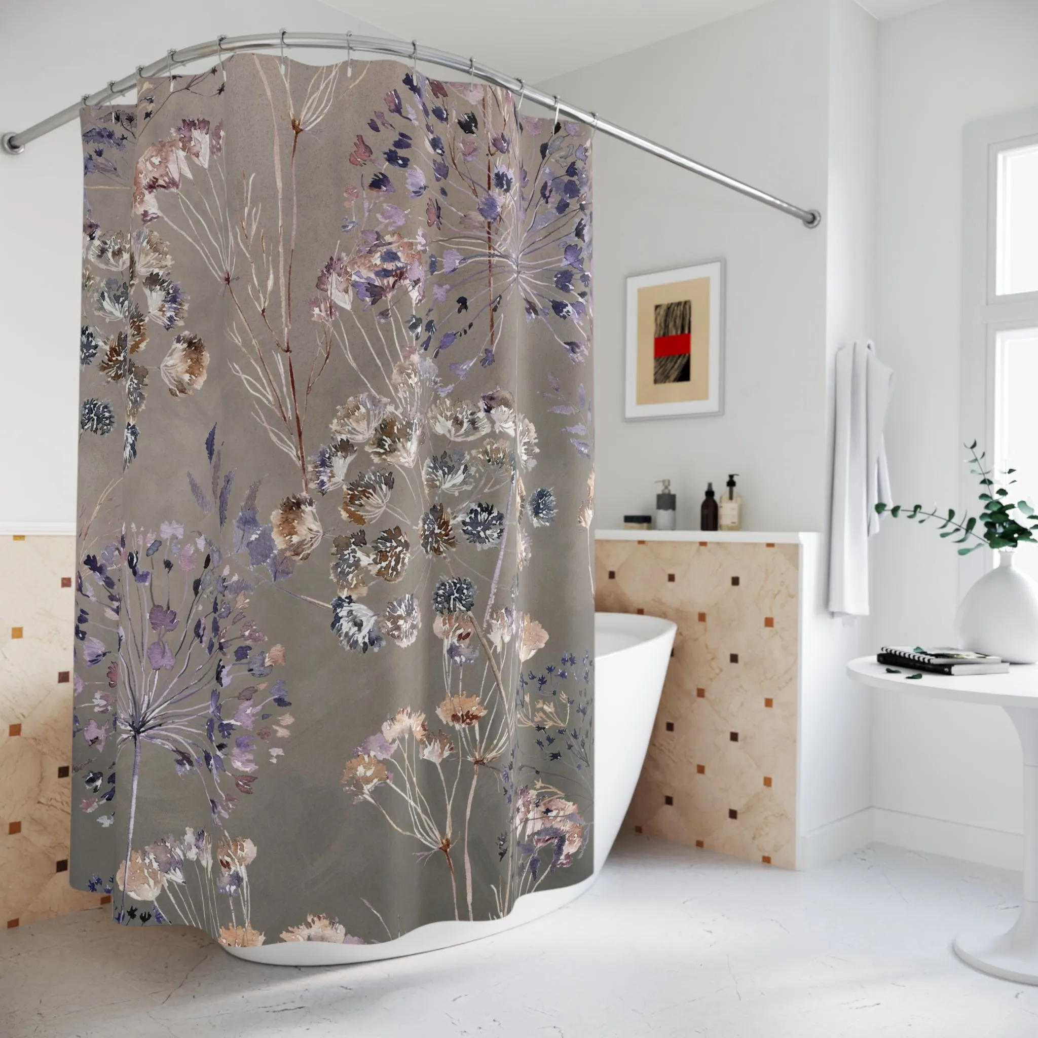 Boho Shower Curtain | Taupe, Purple Wild Floral