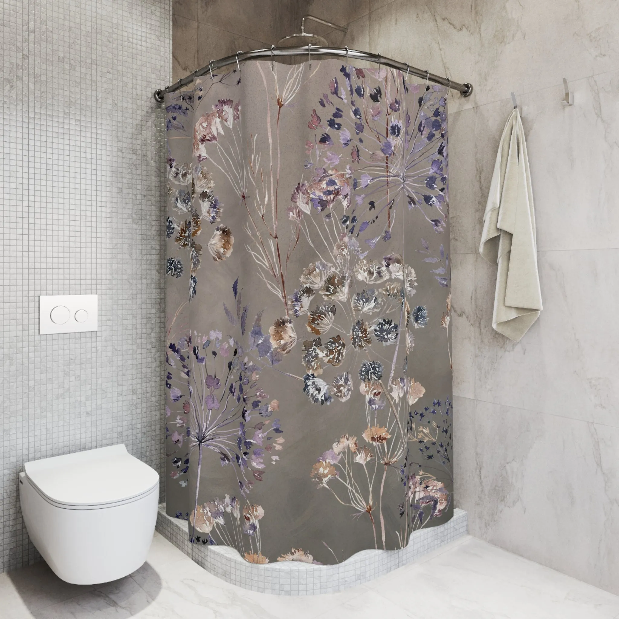 Boho Shower Curtain | Taupe, Purple Wild Floral