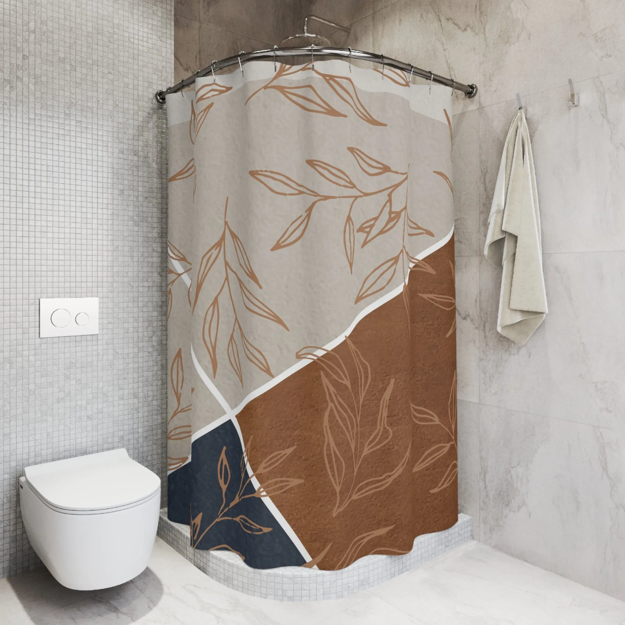 Boho Shower Curtain | Terracotta Leaves, Grey, Navy Blue