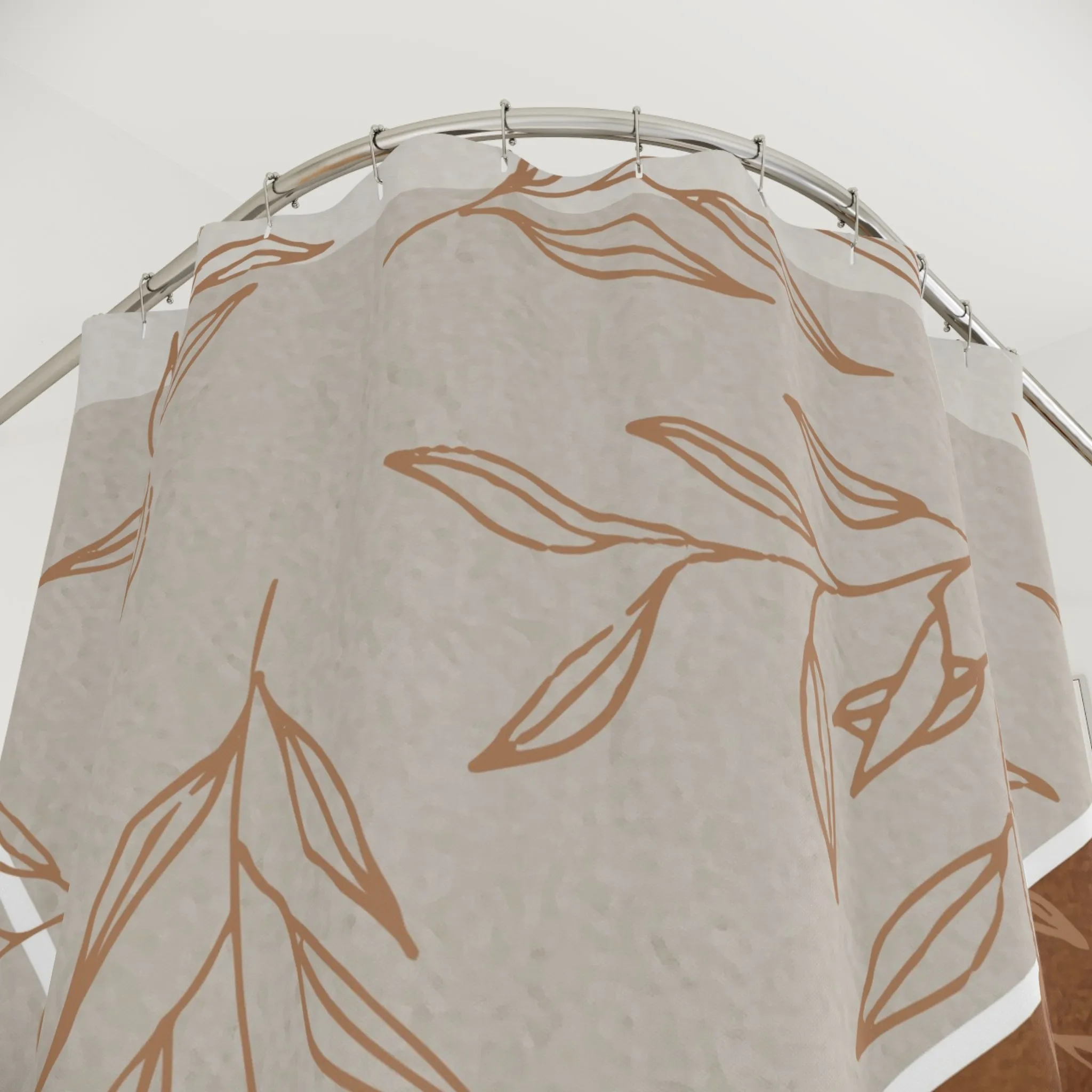 Boho Shower Curtain | Terracotta Leaves, Grey, Navy Blue
