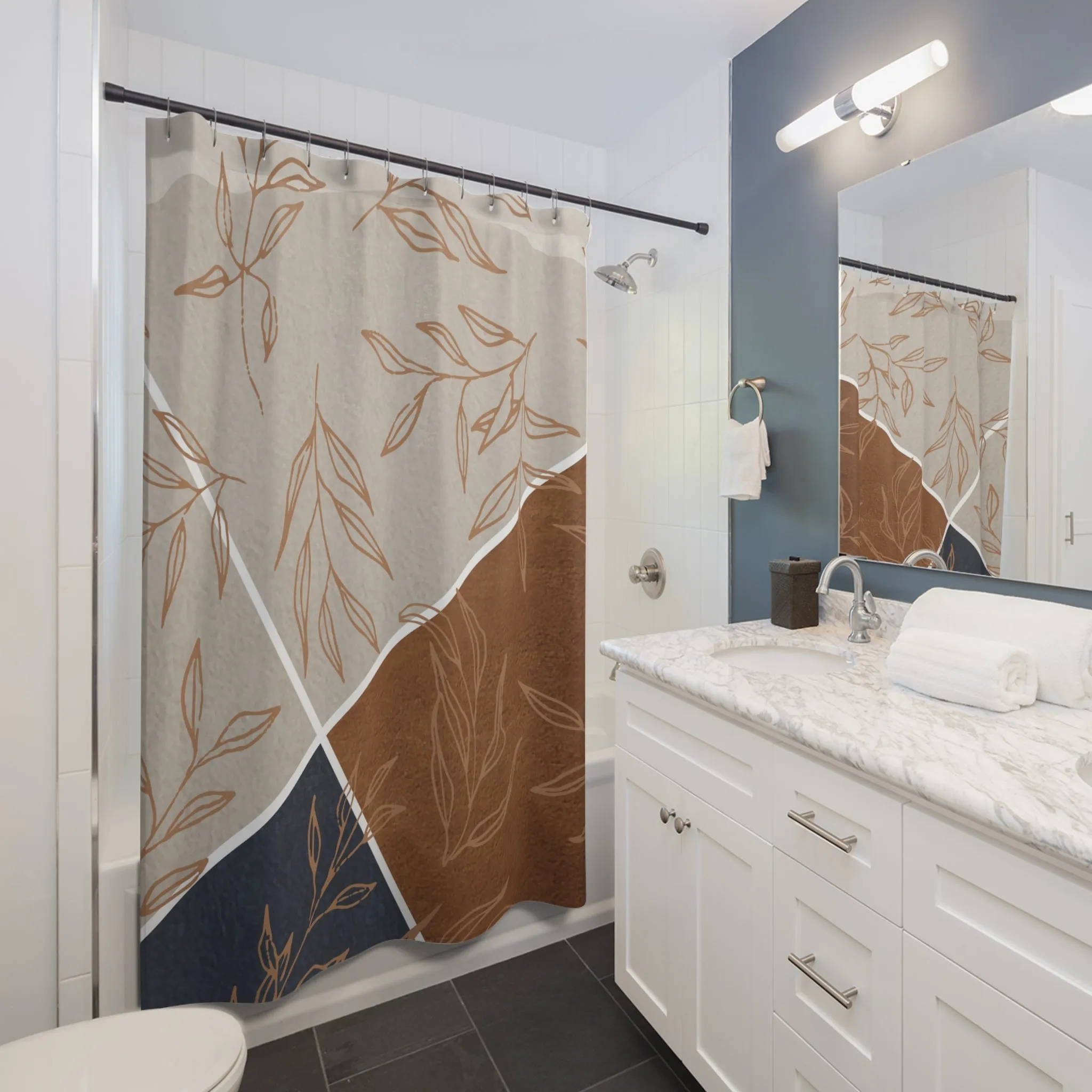 Boho Shower Curtain | Terracotta Leaves, Grey, Navy Blue