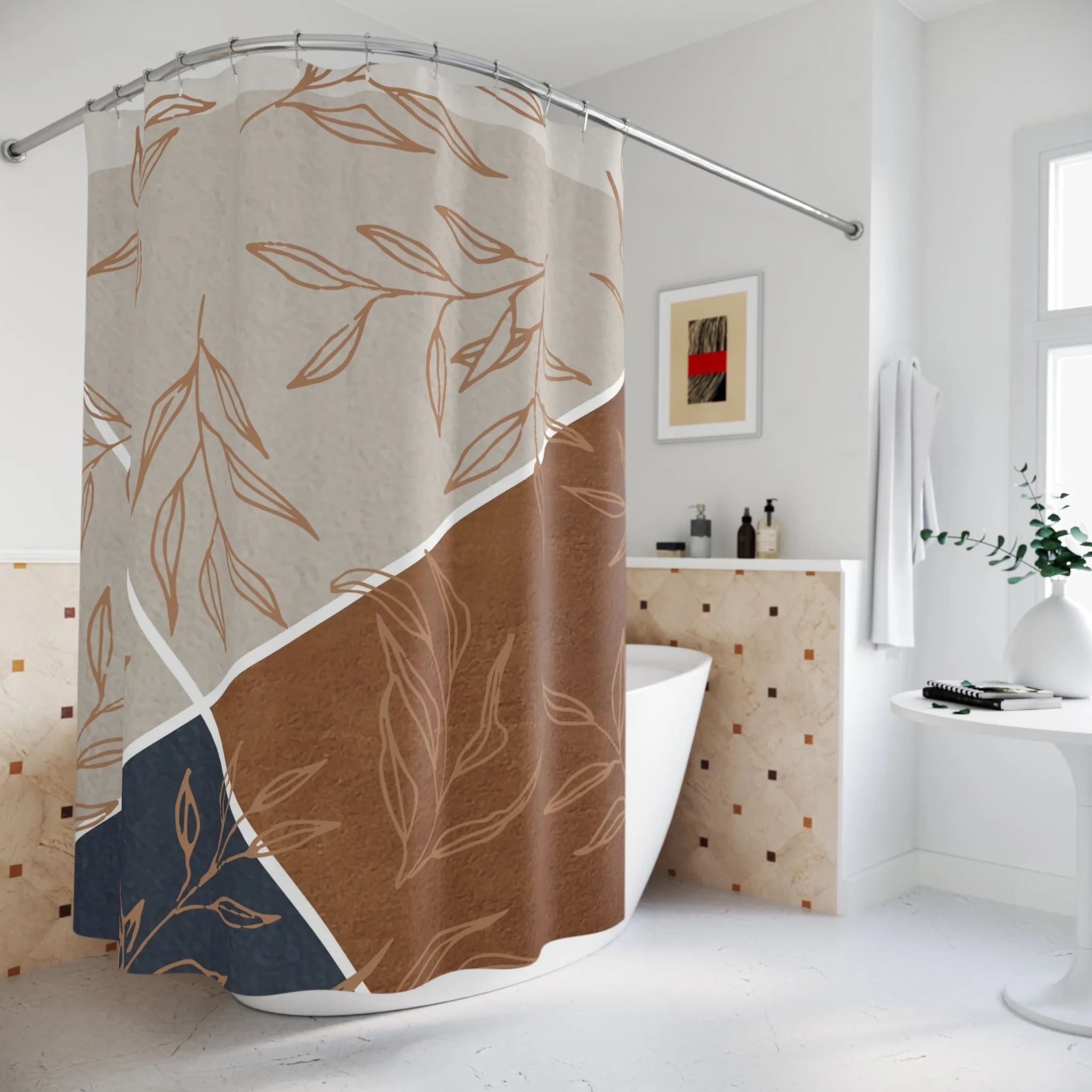 Boho Shower Curtain | Terracotta Leaves, Grey, Navy Blue