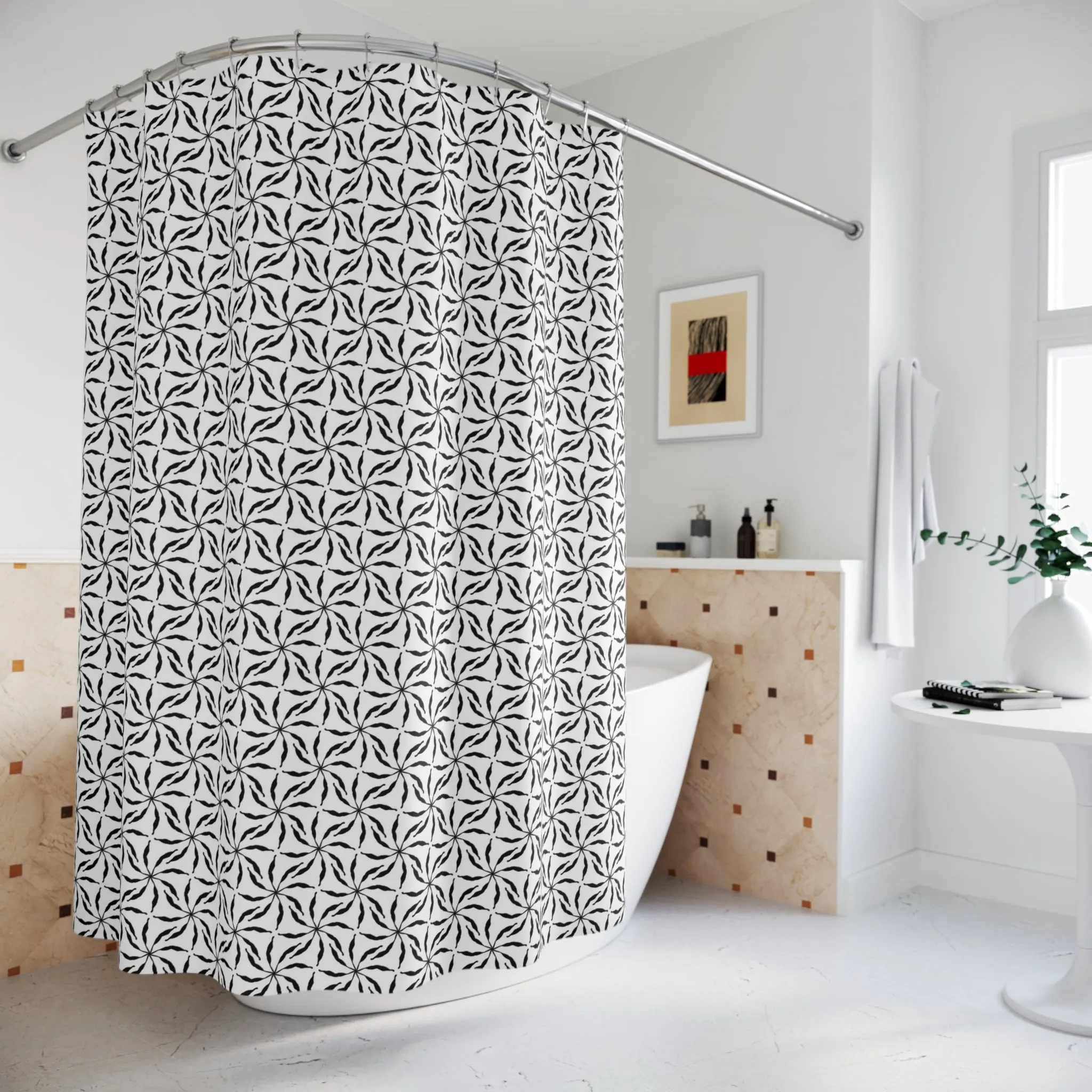 Boho Shower Curtain | White Black, Abstract Floral