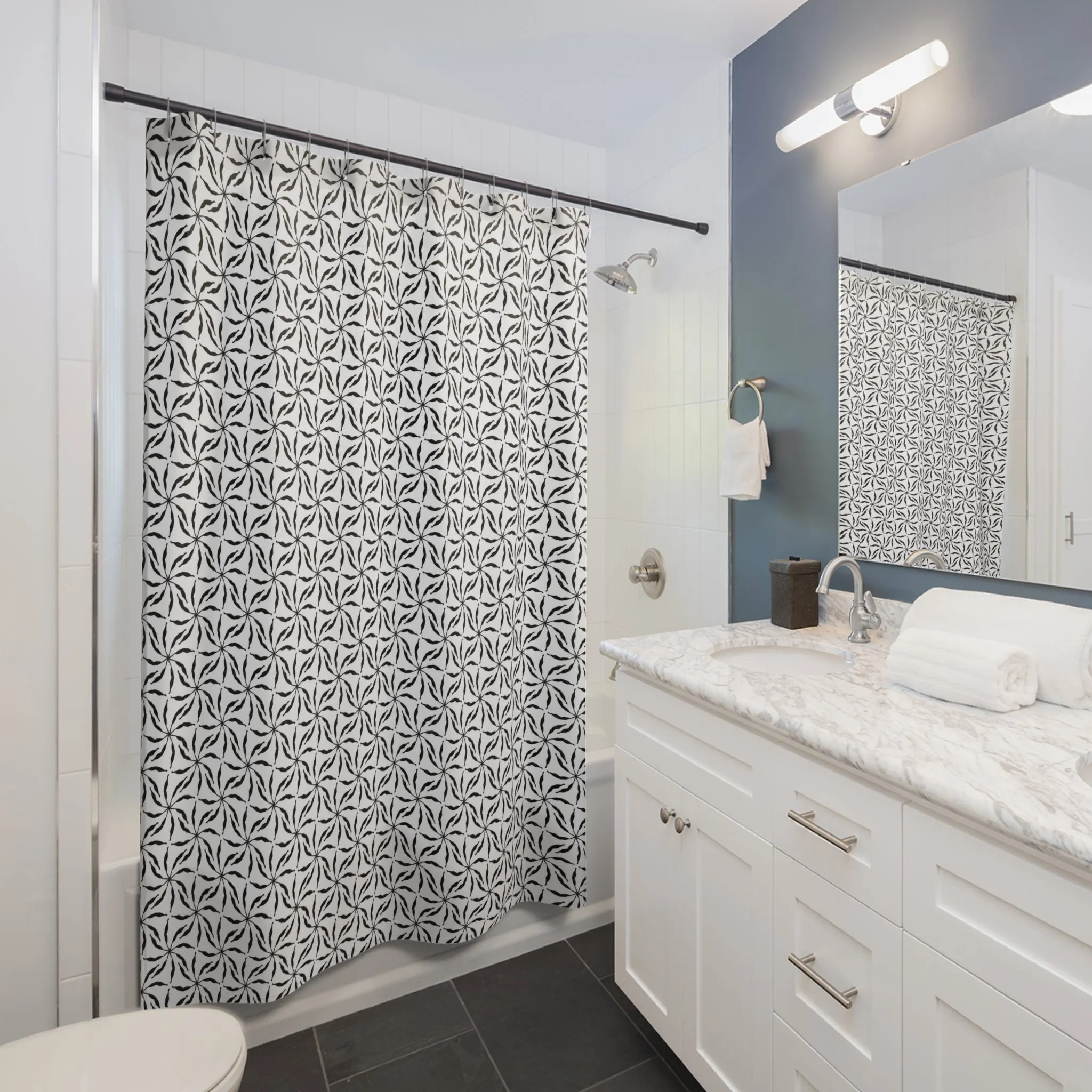 Boho Shower Curtain | White Black, Abstract Floral