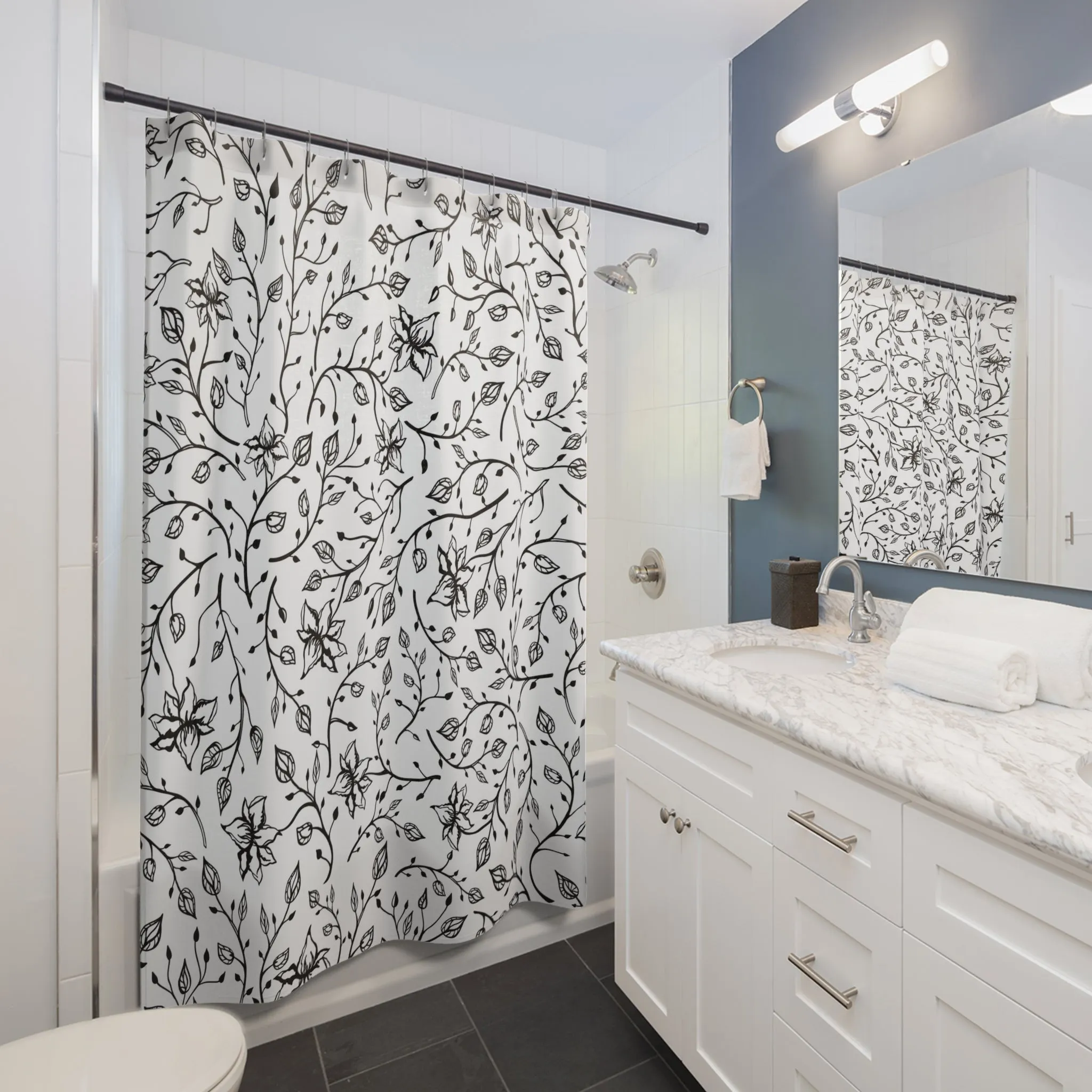 Boho Shower Curtain | White Black, Line Art Floral
