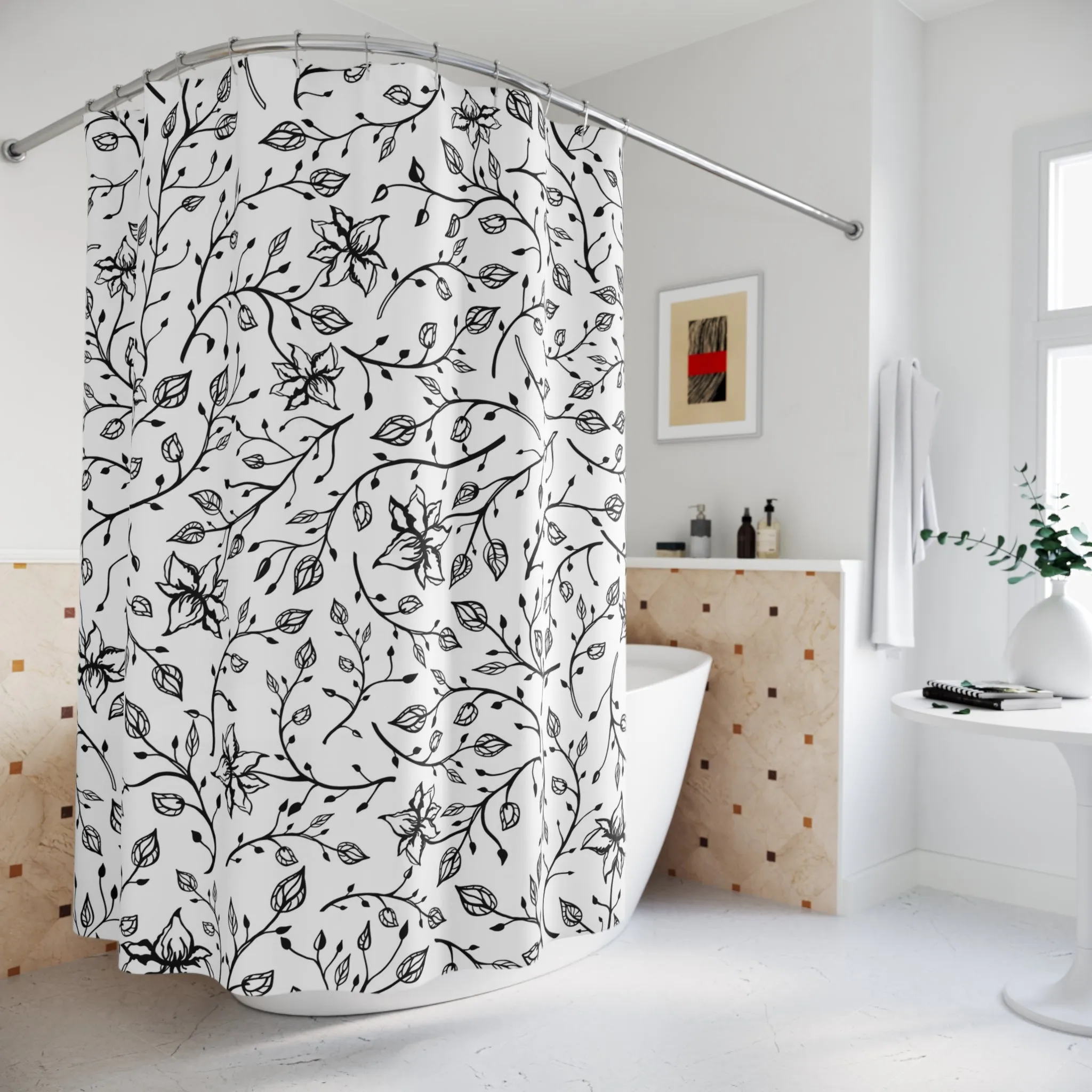 Boho Shower Curtain | White Black, Line Art Floral