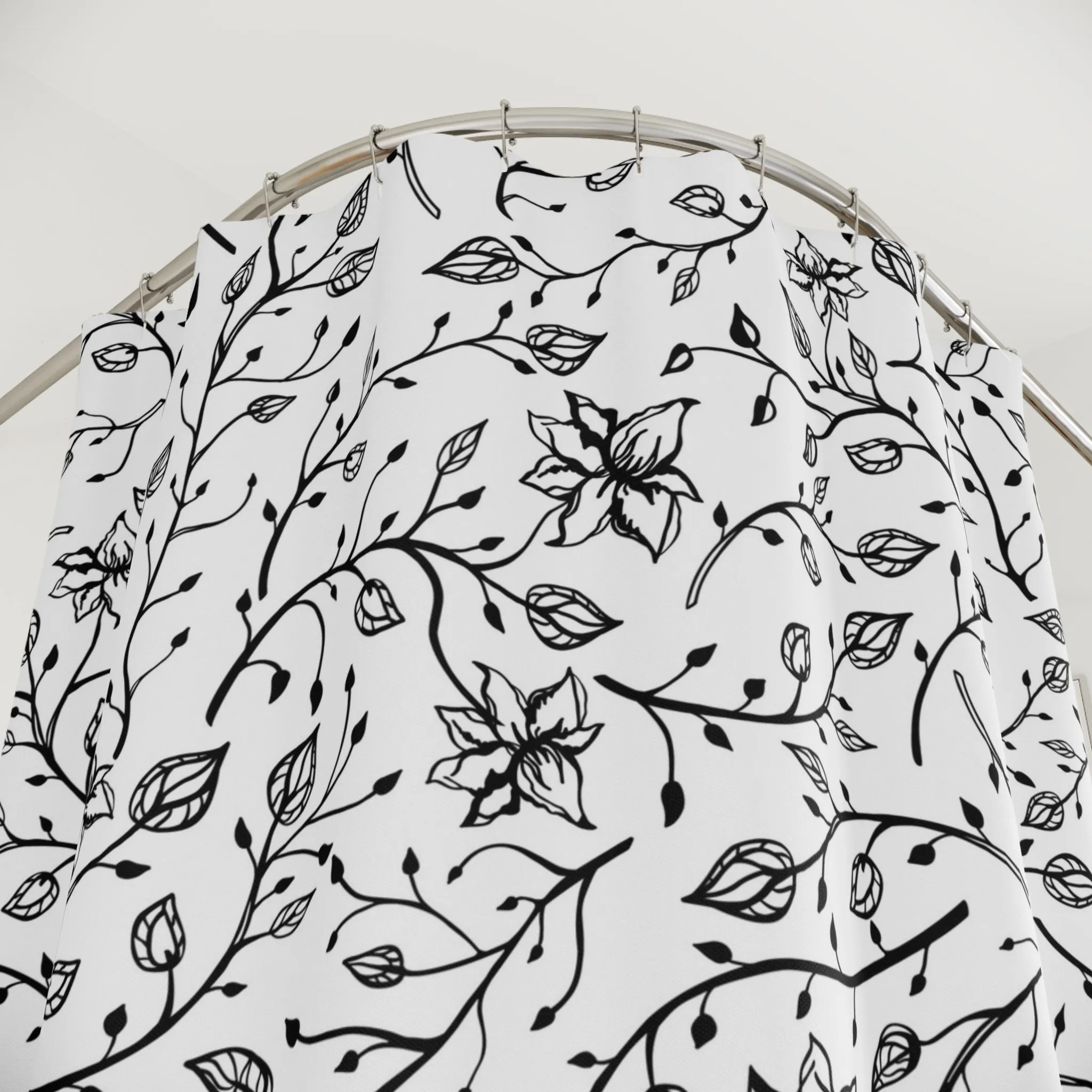 Boho Shower Curtain | White Black, Line Art Floral