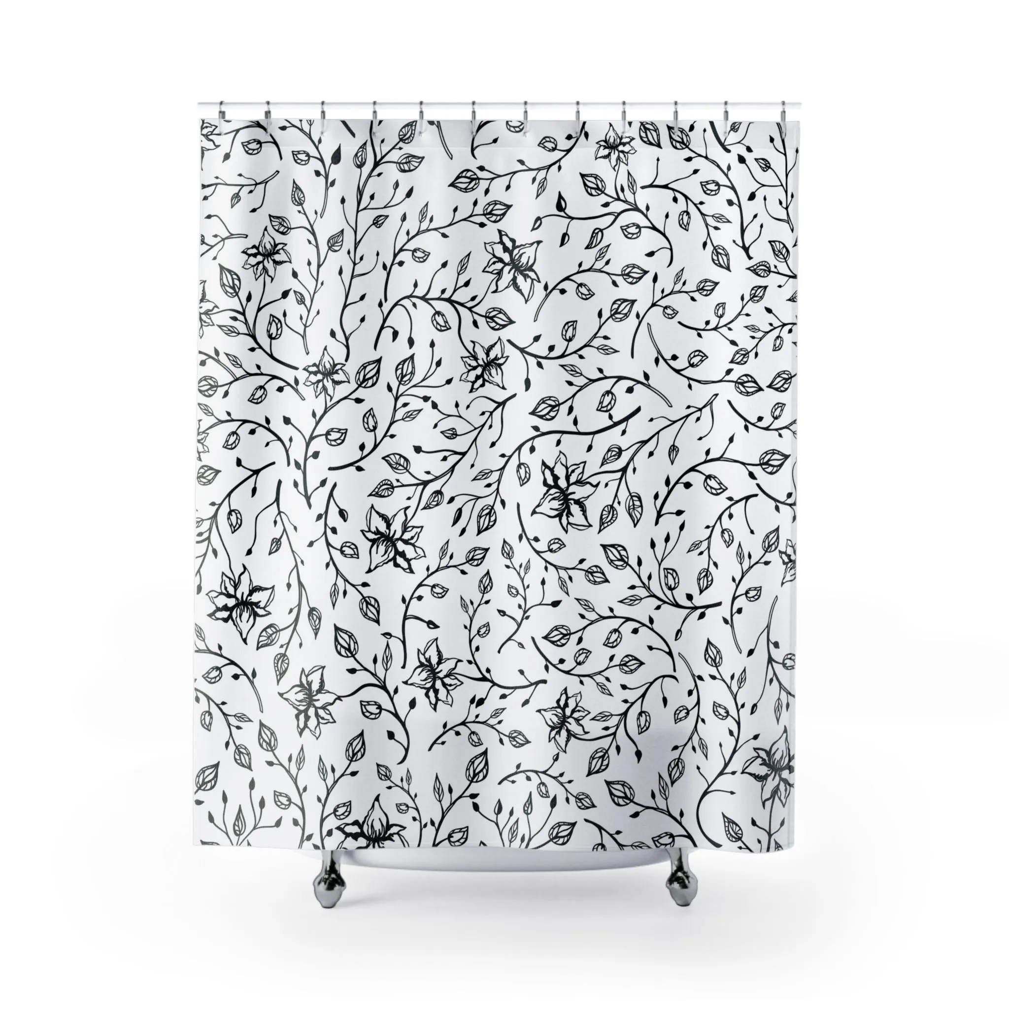 Boho Shower Curtain | White Black, Line Art Floral Lighting,Home Lighting