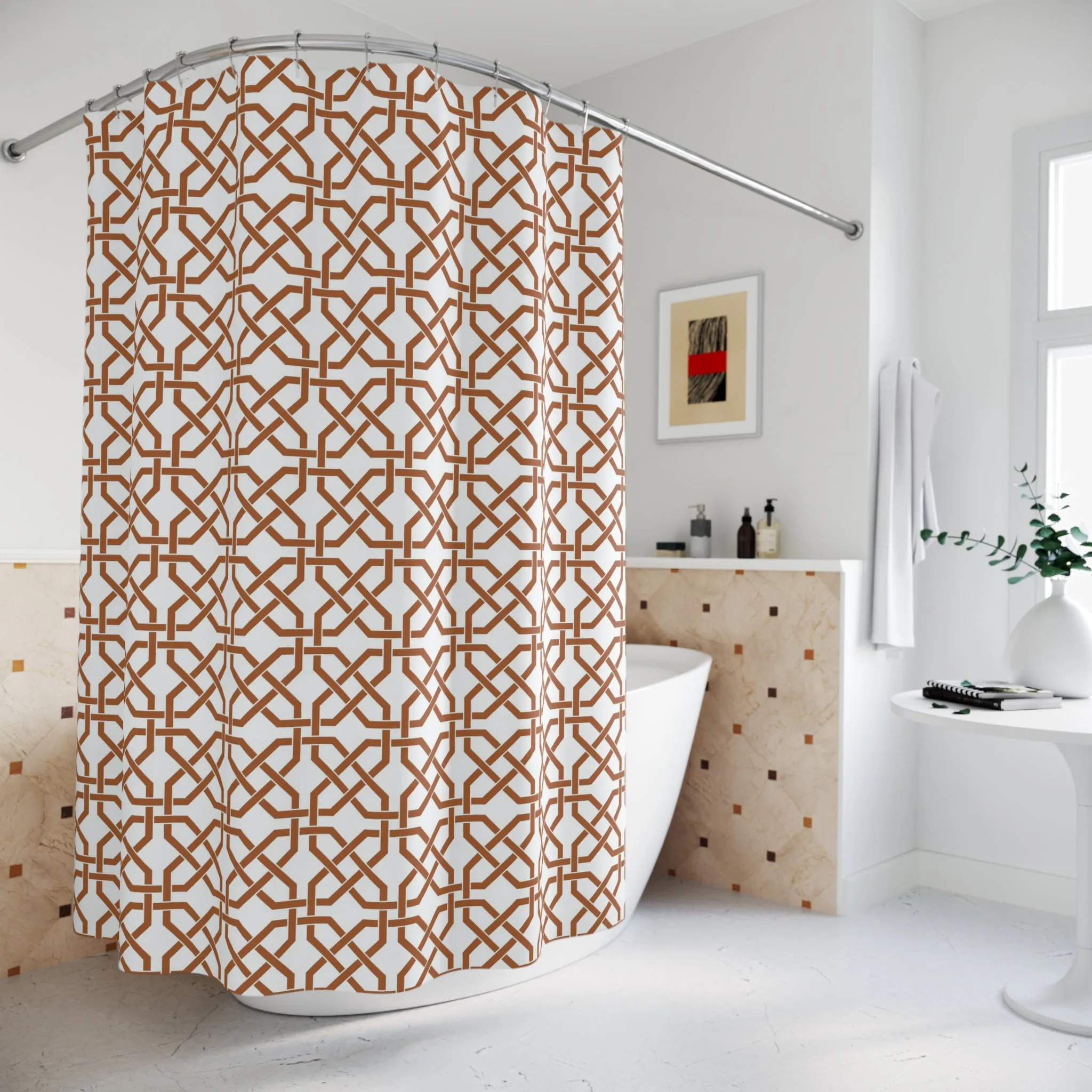 Boho Shower Curtain | White Brown Geometric