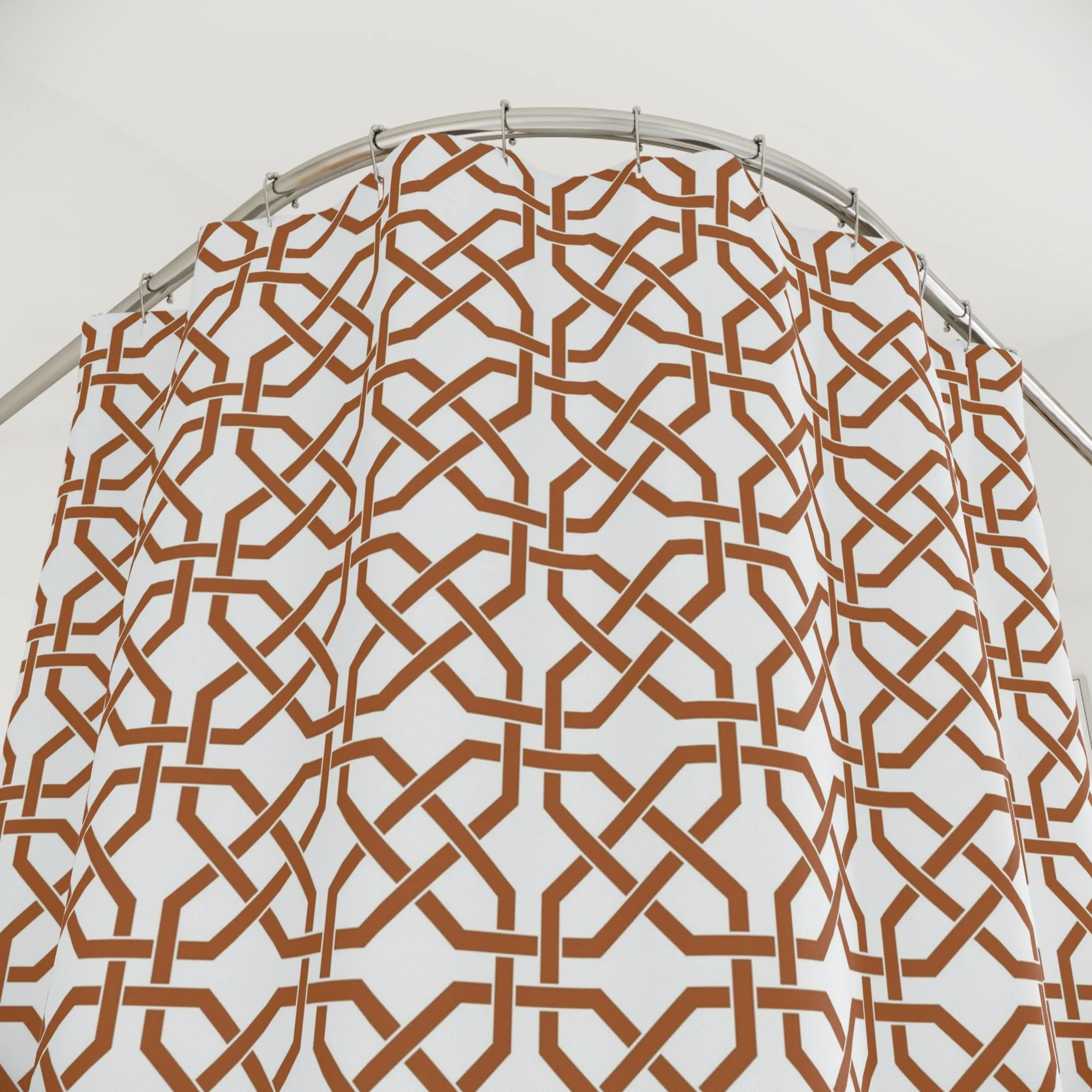 Boho Shower Curtain | White Brown Geometric