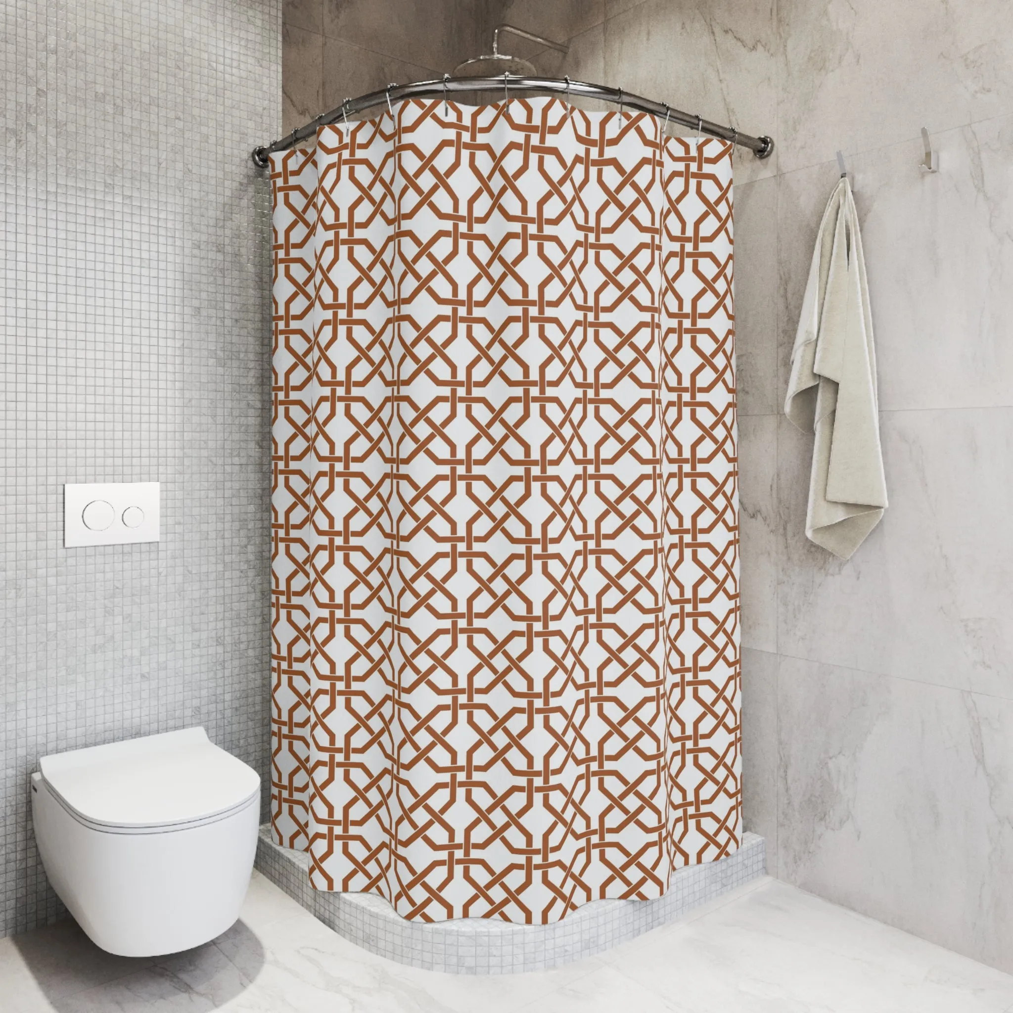 Boho Shower Curtain | White Brown Geometric