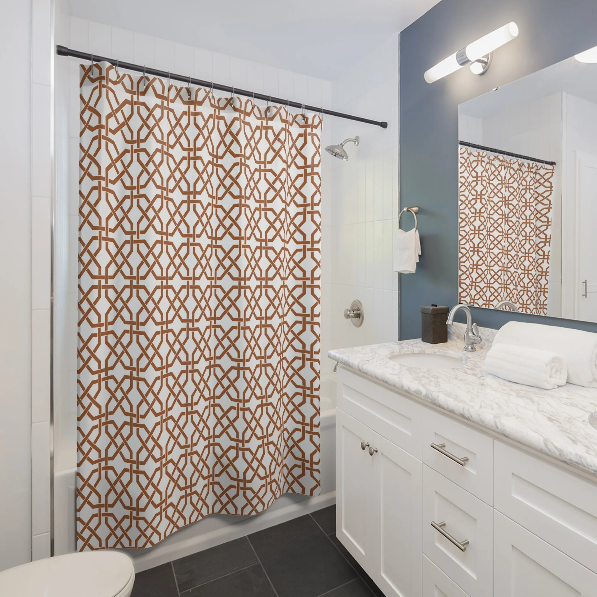 Boho Shower Curtain | White Brown Geometric