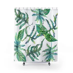 Boho Shower Curtain | White Green, Herbal Leaves Watercolor Lighting,Home Lighting