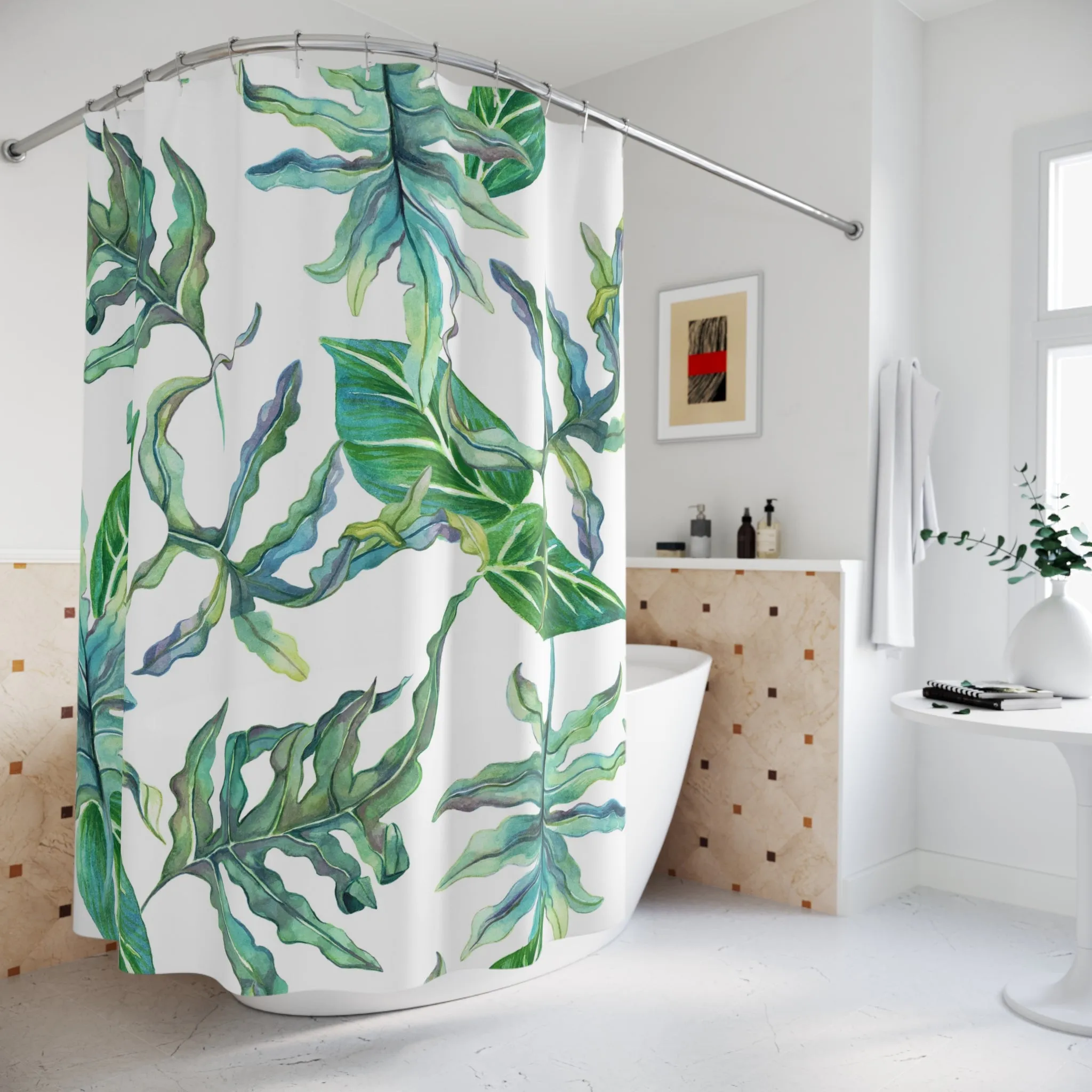 Boho Shower Curtain | White Green, Herbal Leaves Watercolor
