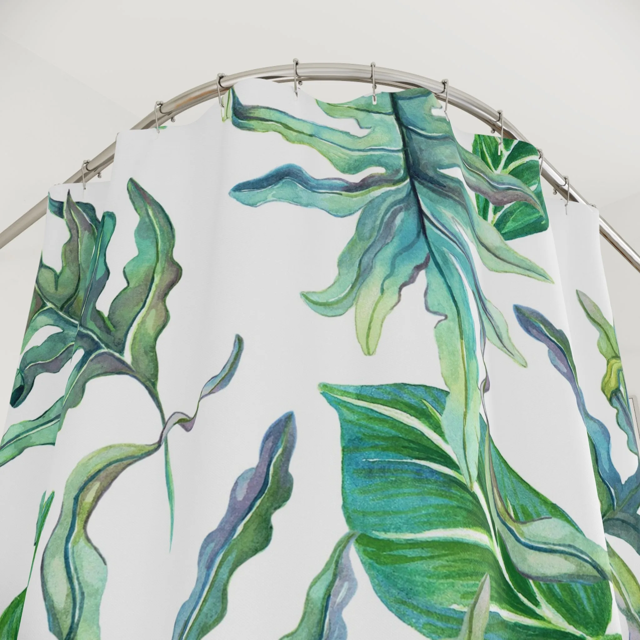 Boho Shower Curtain | White Green, Herbal Leaves Watercolor