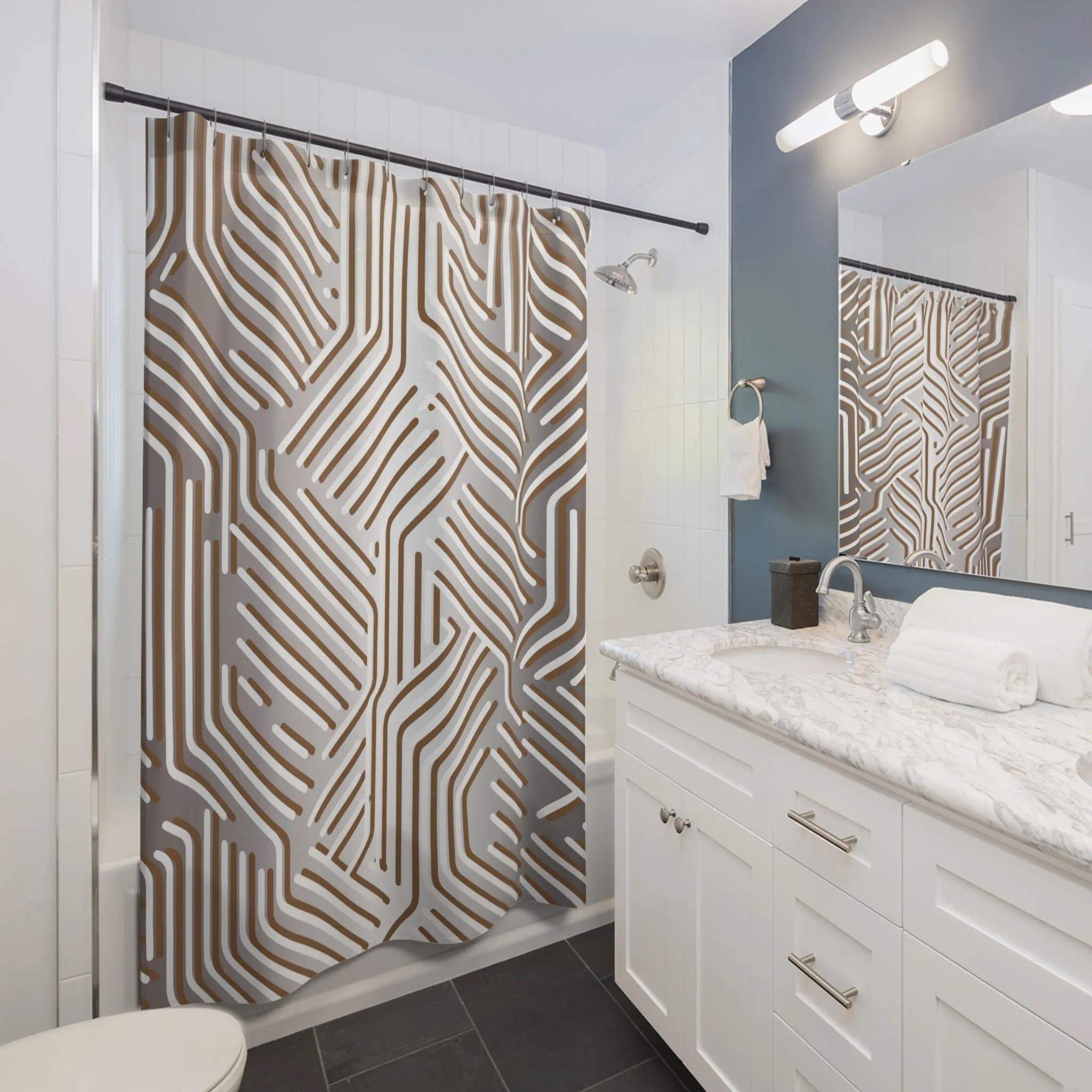 Boho Shower Curtain | White Grey Taupe Geometric