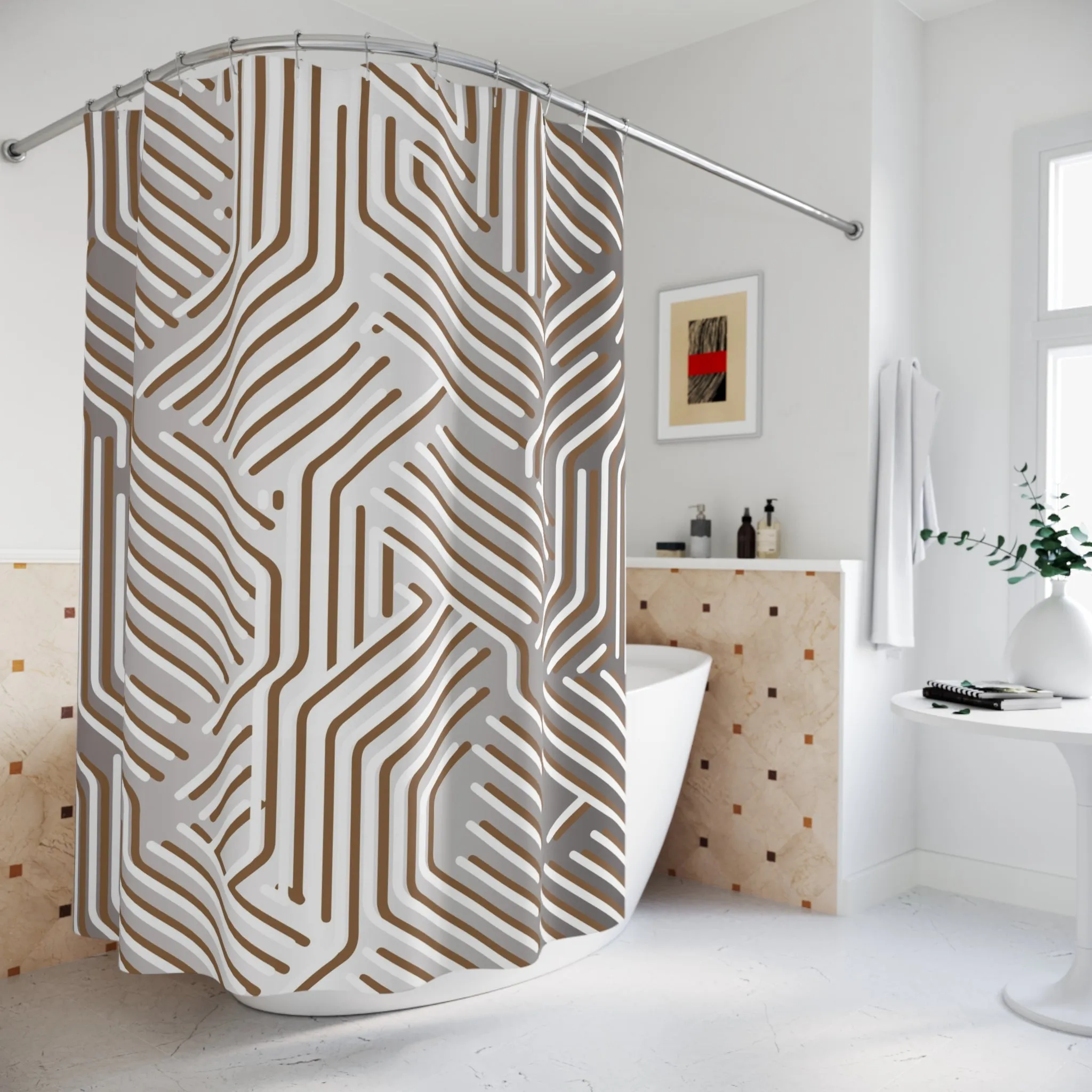Boho Shower Curtain | White Grey Taupe Geometric