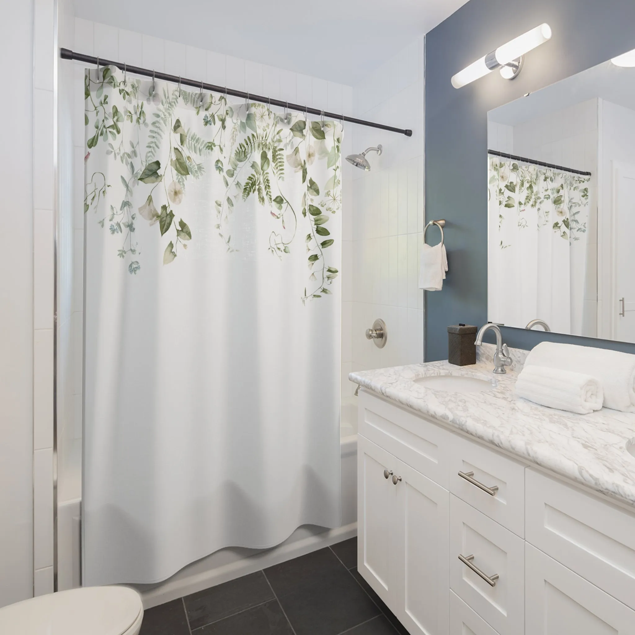 Boho Shower Curtain | White Sage Green Vine leaves