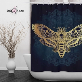 Boho Midnight Mandala Death Moth Skull Shower Curtains and Optional Bath Mats Lighting,Lamps Fixtures