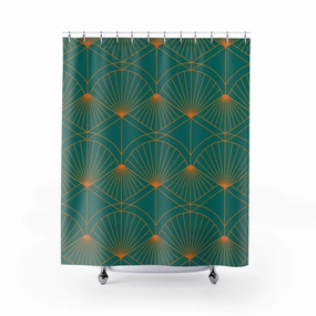 Boho Shower Curtain | Art Deco Teal Green, Orange Fan Lighting,Home Lighting
