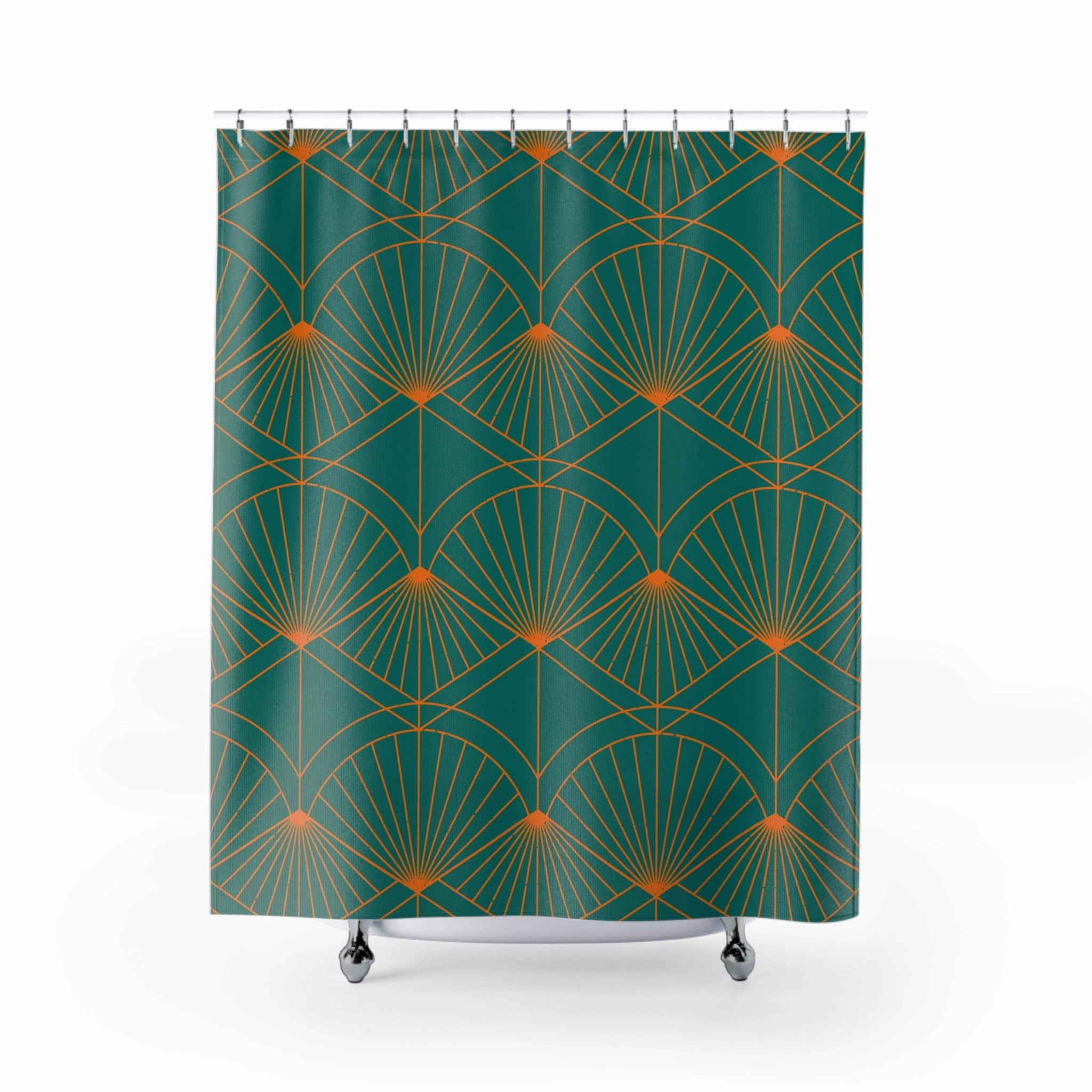 Boho Shower Curtain | Art Deco Teal Green, Orange Fan Lighting,Home Lighting