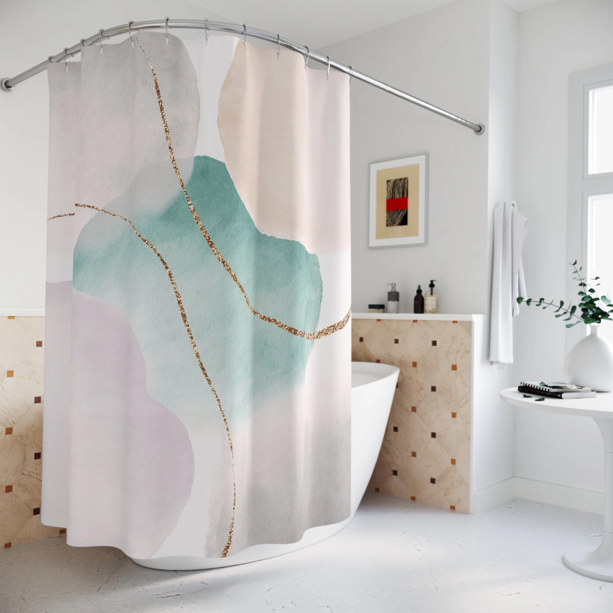 Boho Shower Curtain | Pastel Pink, Teal Green