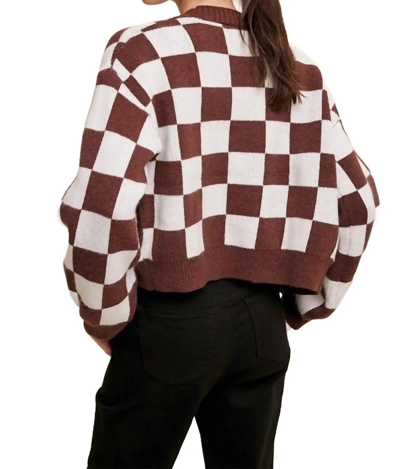 Bold Gingham Sweater Weaved Crop Cardigan In Red Bean