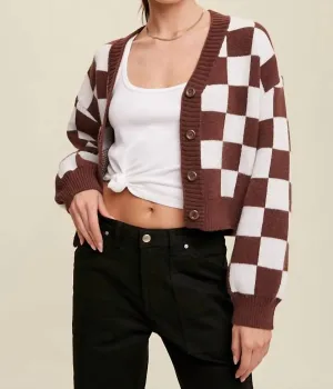 Bold Gingham Sweater Weaved Crop Cardigan In Red Bean