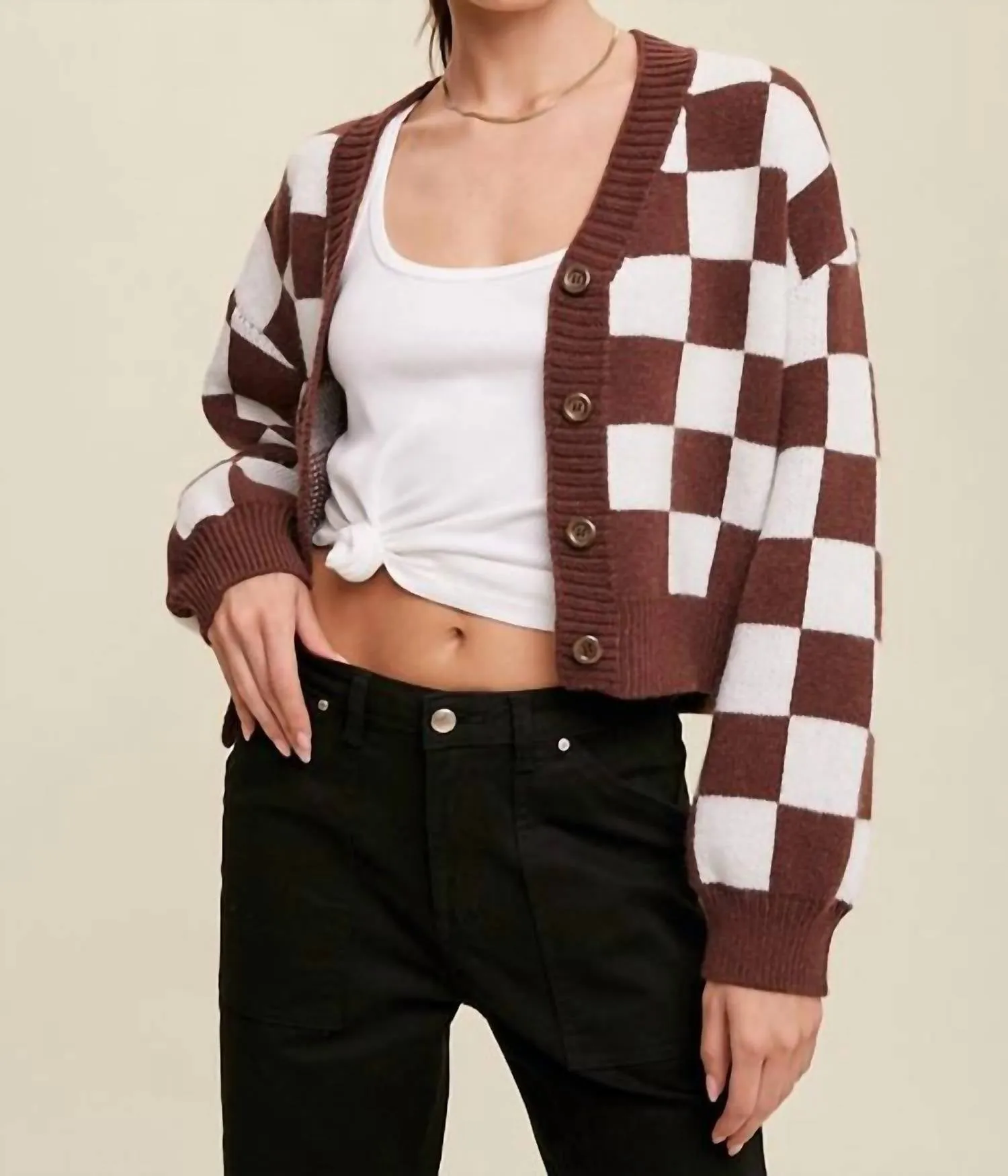 Bold Gingham Sweater Weaved Crop Cardigan In Red Bean