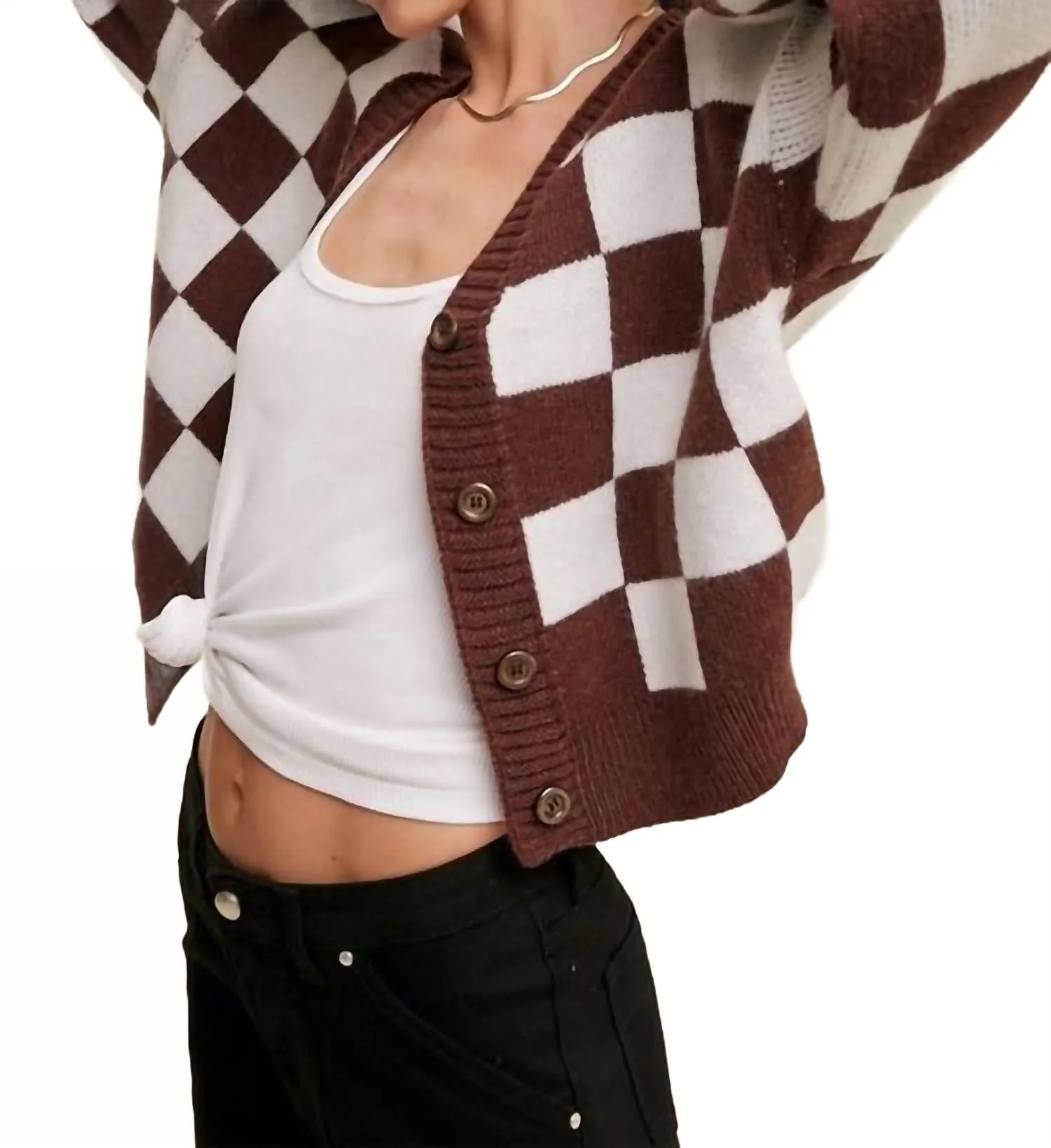 Bold Gingham Sweater Weaved Crop Cardigan In Red Bean