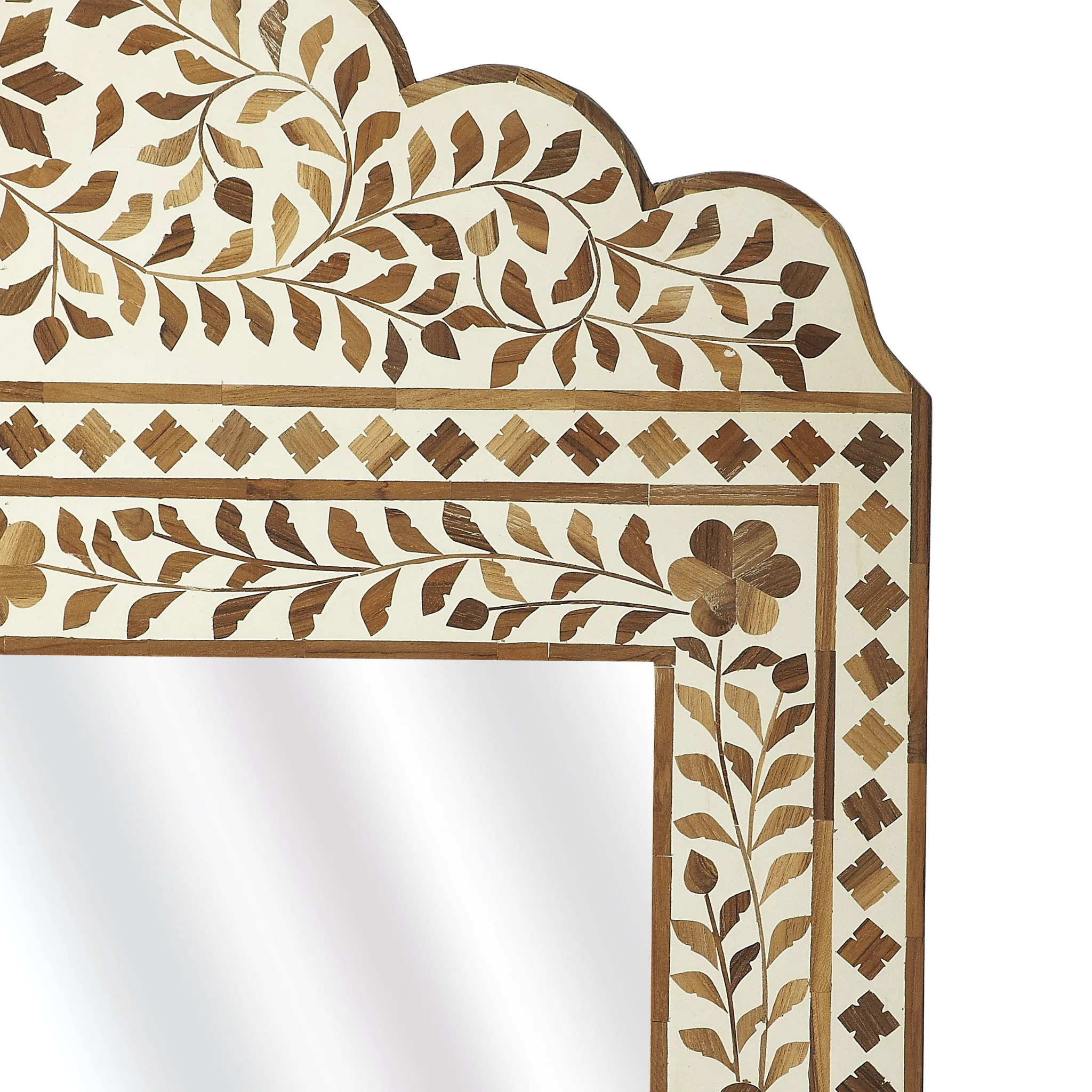 Bone Inlay Mosaic Floral Wall Mirror in Wood and White