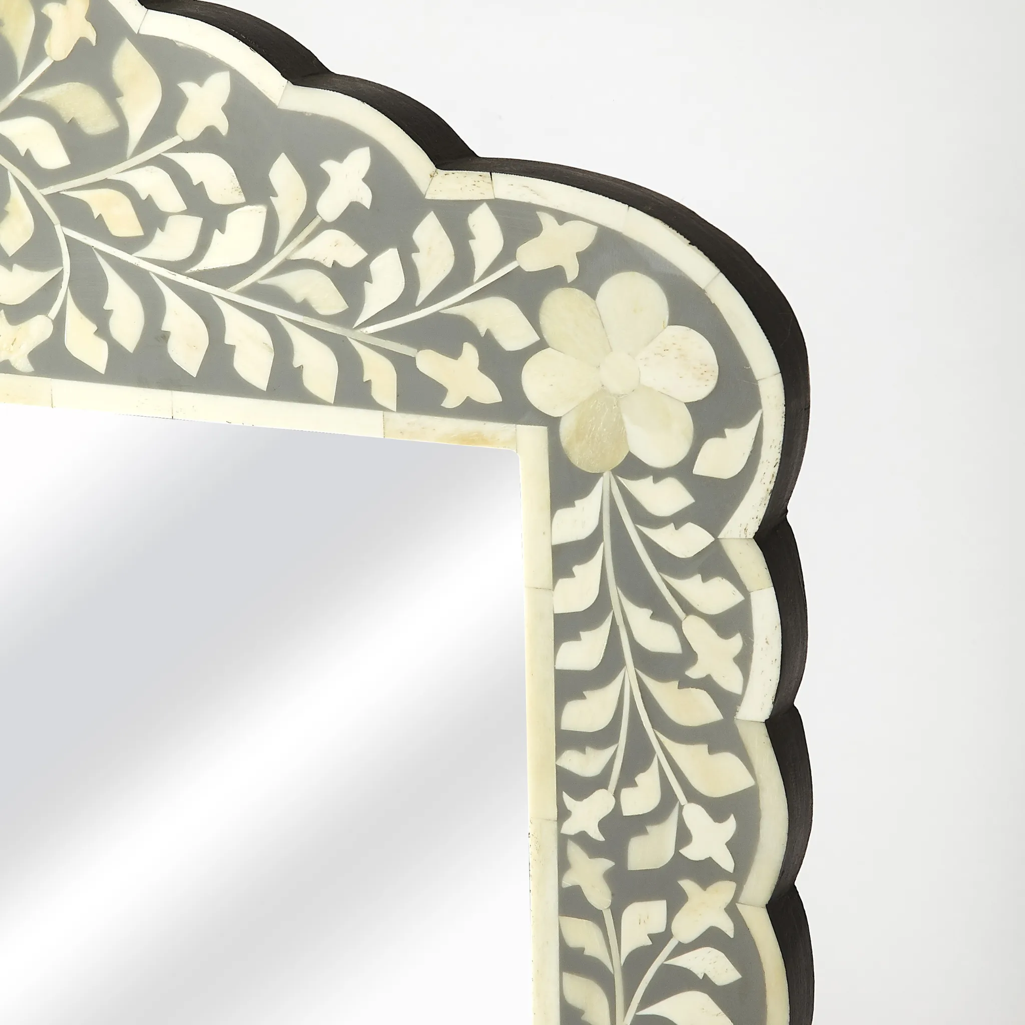 Bone Inlay Mosaic Square Wall Mirror with Floral Pattern in Grey and White
