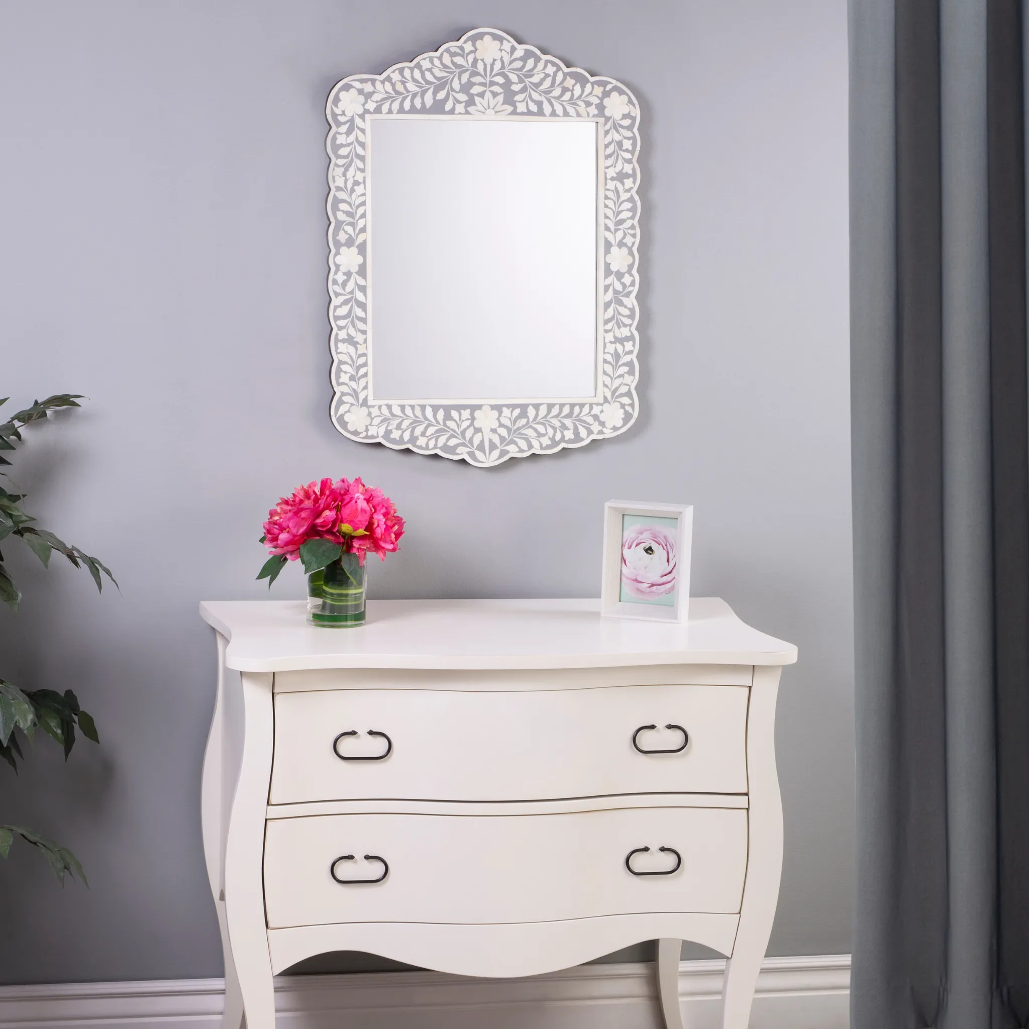 Bone Inlay Mosaic Square Wall Mirror with Floral Pattern in Grey and White
