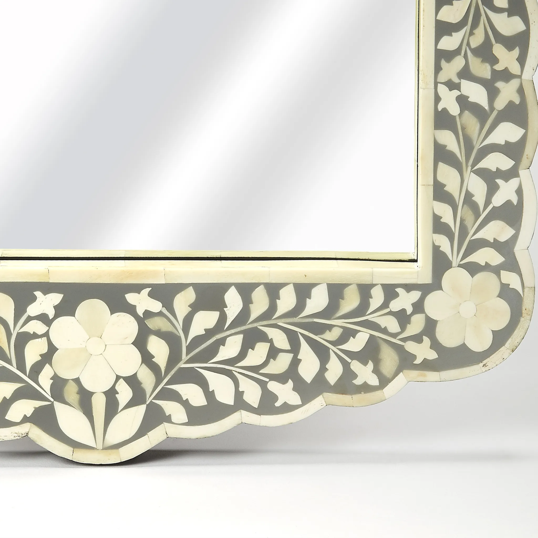 Bone Inlay Mosaic Square Wall Mirror with Floral Pattern in Grey and White