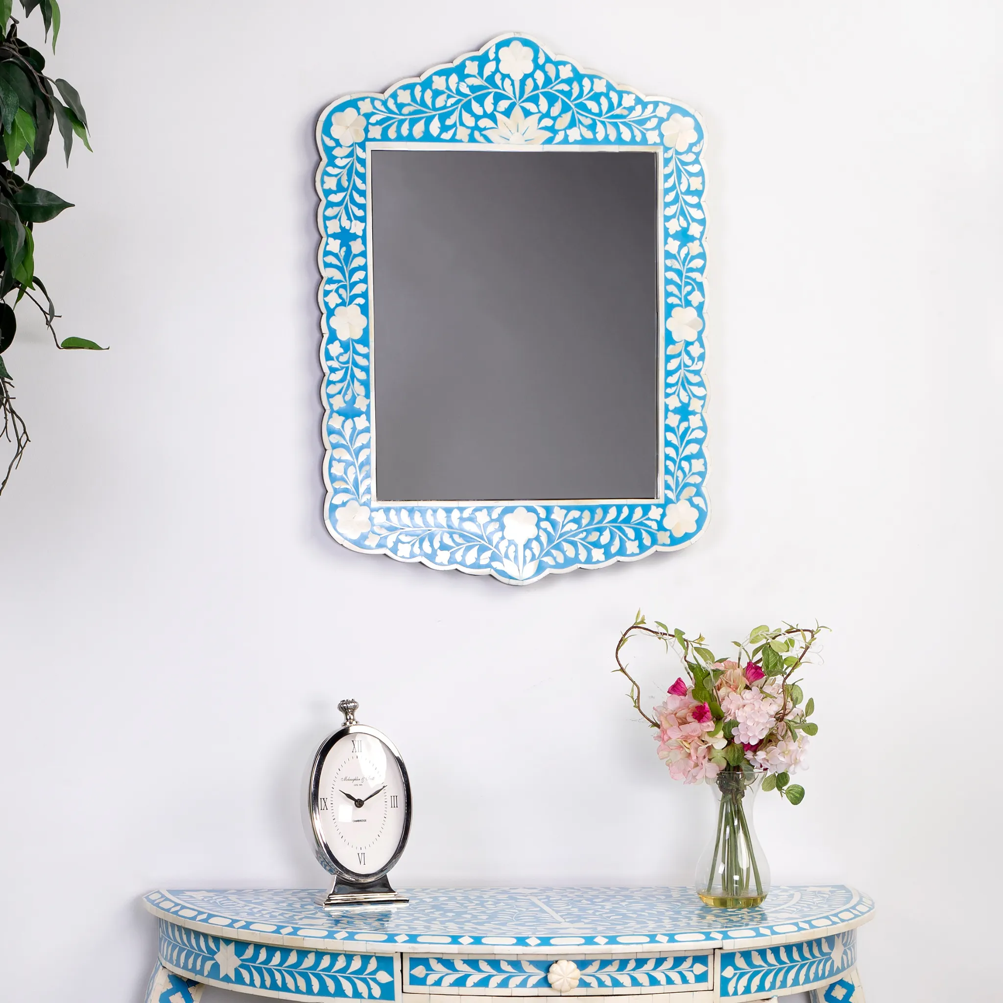 Bone Inlay Mosaic Wall Mirror in Blue and White