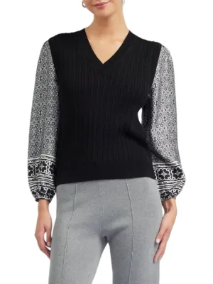 Border Sleeve Cable Sweater In Black