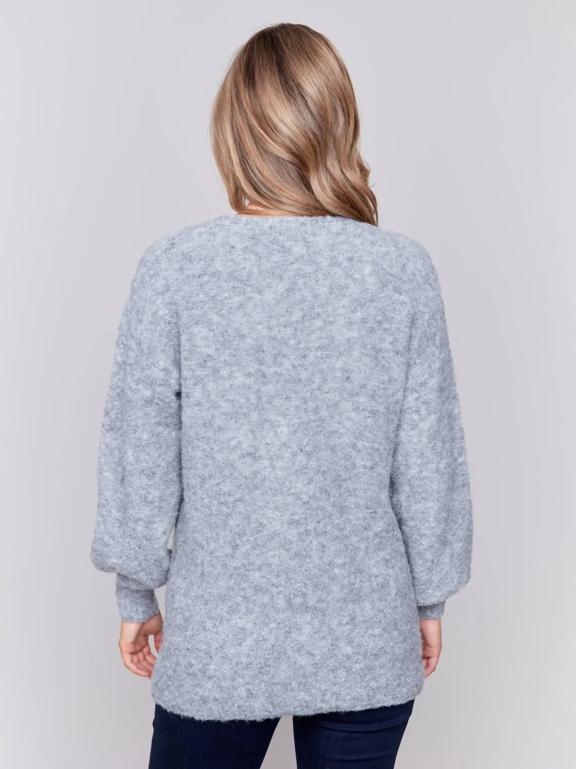 Boucle Knit Front Button Long Cardigan In Grey