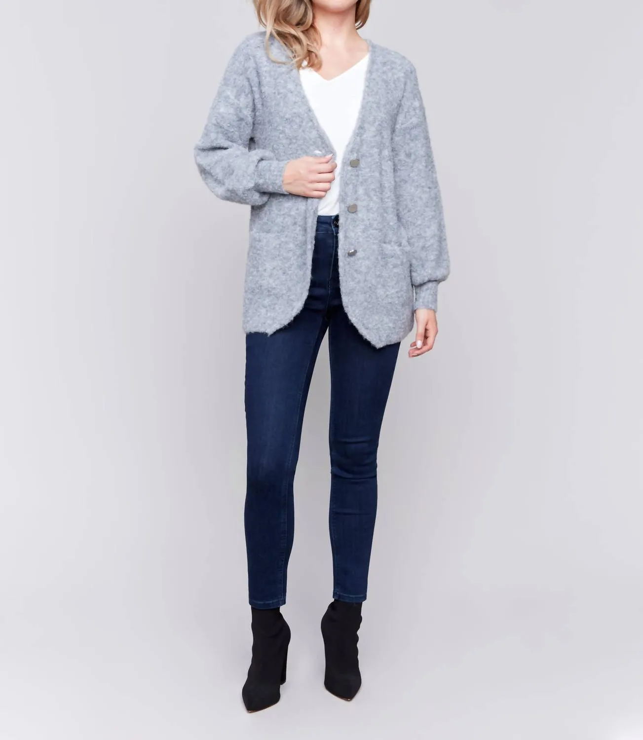 Boucle Knit Front Button Long Cardigan In Grey