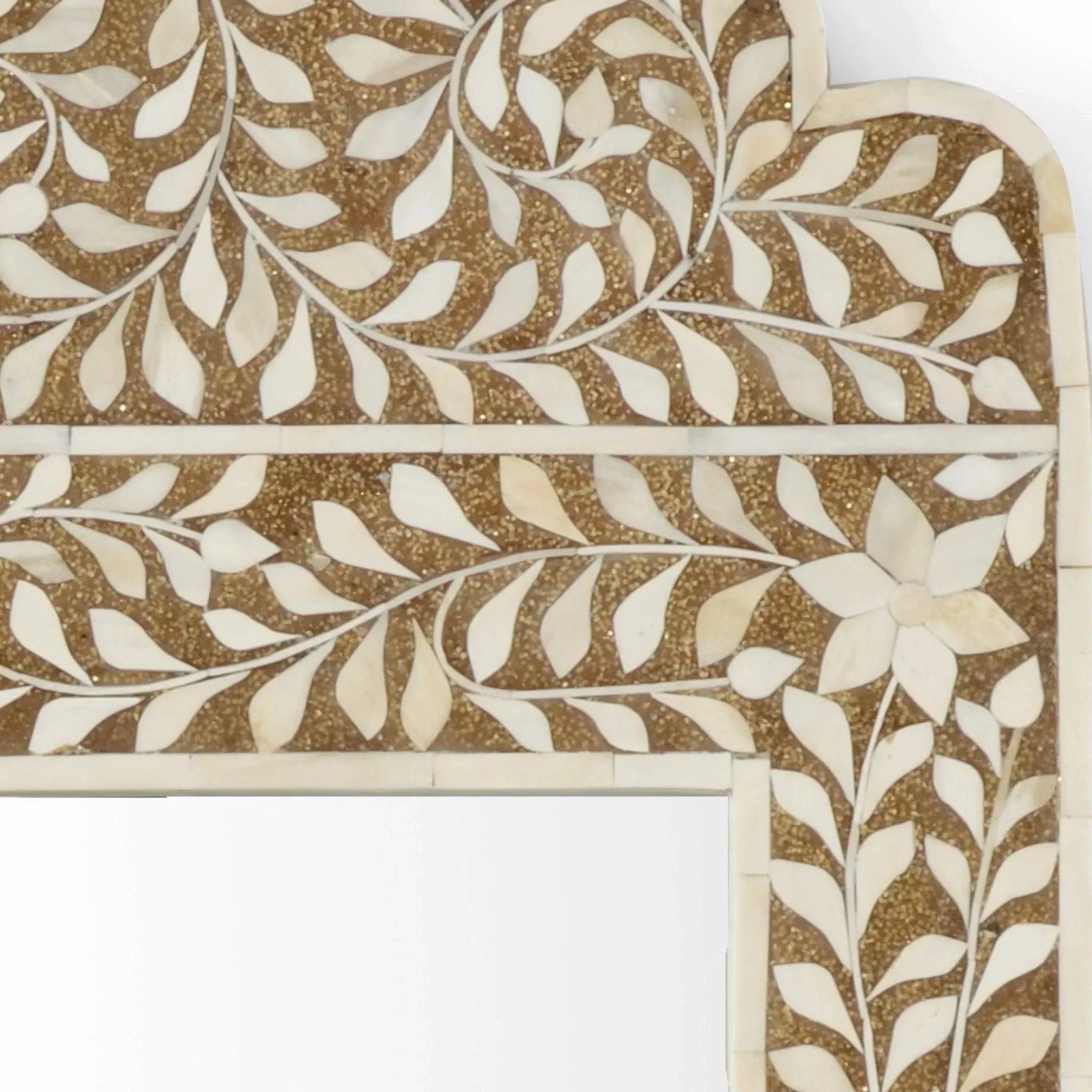 Brown and White Bone Inlay Wood Mirror
