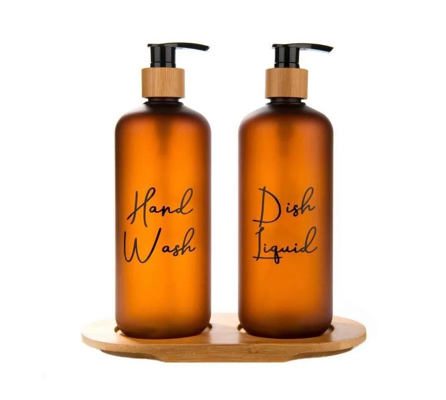 Brown Plastic Pump Bottles with Bamboo Tray - 500ml